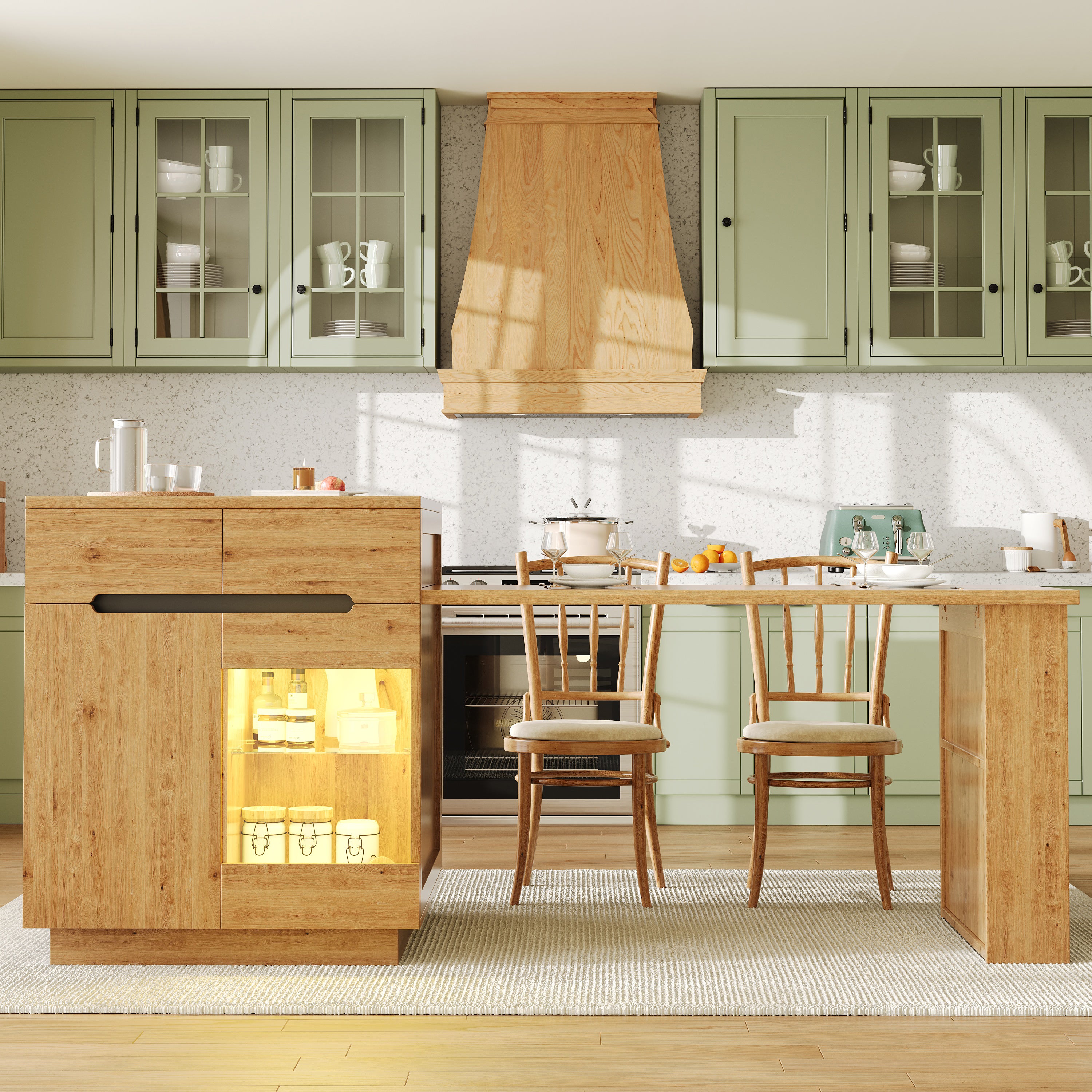 Kitchen Island with Extendable Table, Multifunctional Kitchen Storage Cabinet with LED Lighting (App Control), Oak Effect, Glass Door, for Kitchen & Dining Room