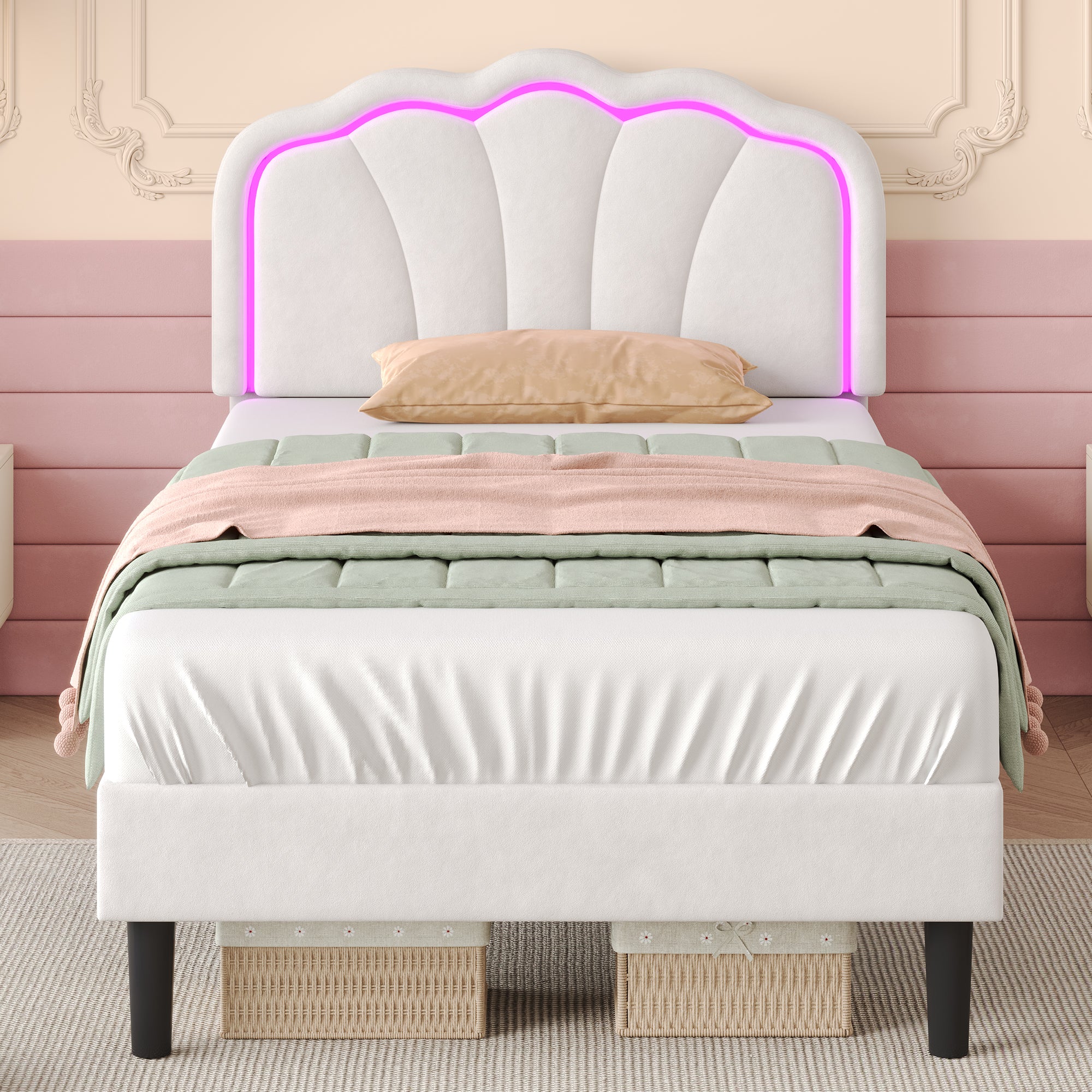 3ft Single Upholstered Bed with LED Adjustable Shell Shape Headboard, Soft Velvet Bed Frame with Solid Wood Slat, No Box Spring Needed, Easy Assembly, Cream White (No Mattress)