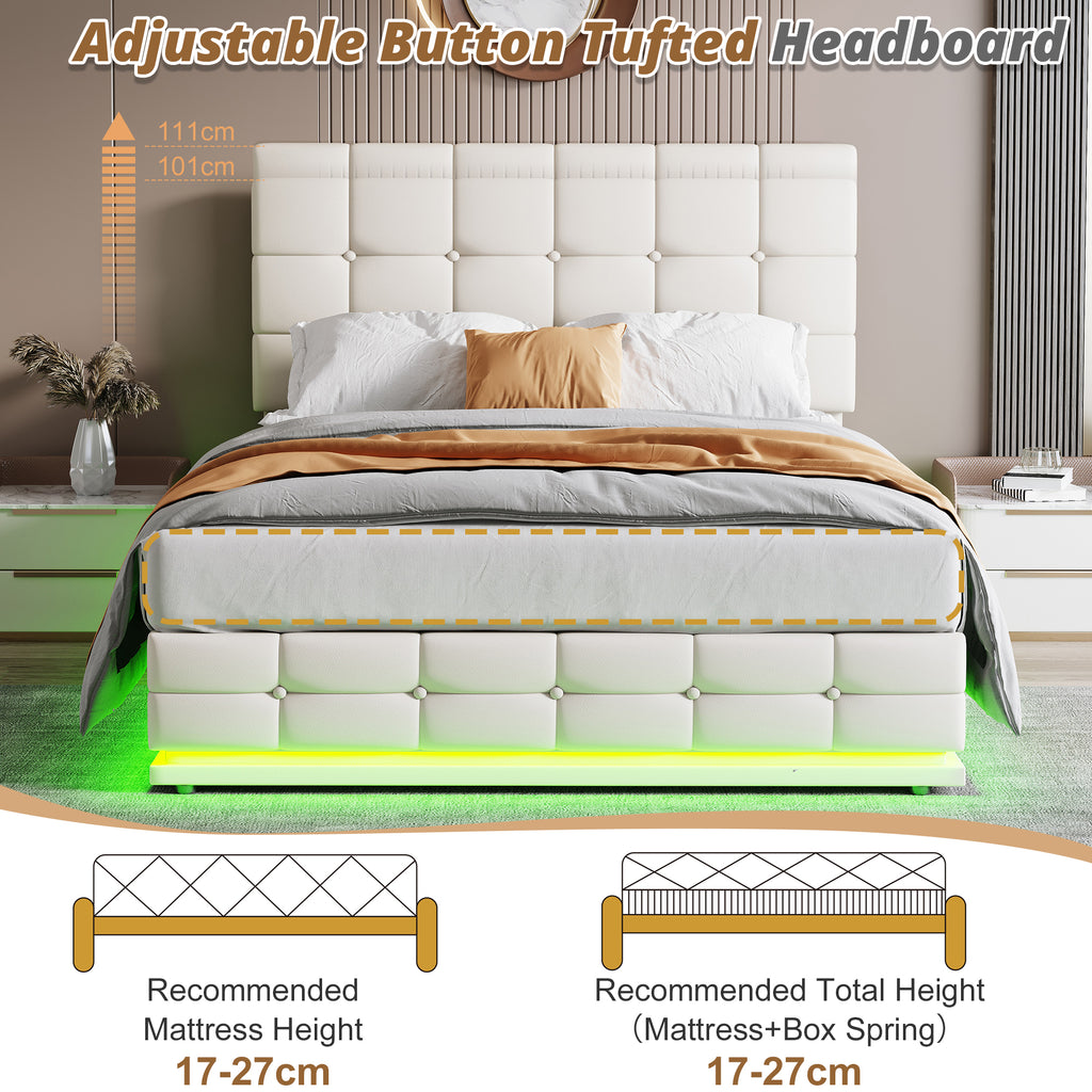 Ottoman Double Bed with LED Lighting, PU Leather Upholstered Bed with Hydraulic Storage, 4ft6 Double Bed Frame with Adjustable Button Tufted Headboard, Cream White (No Mattress)