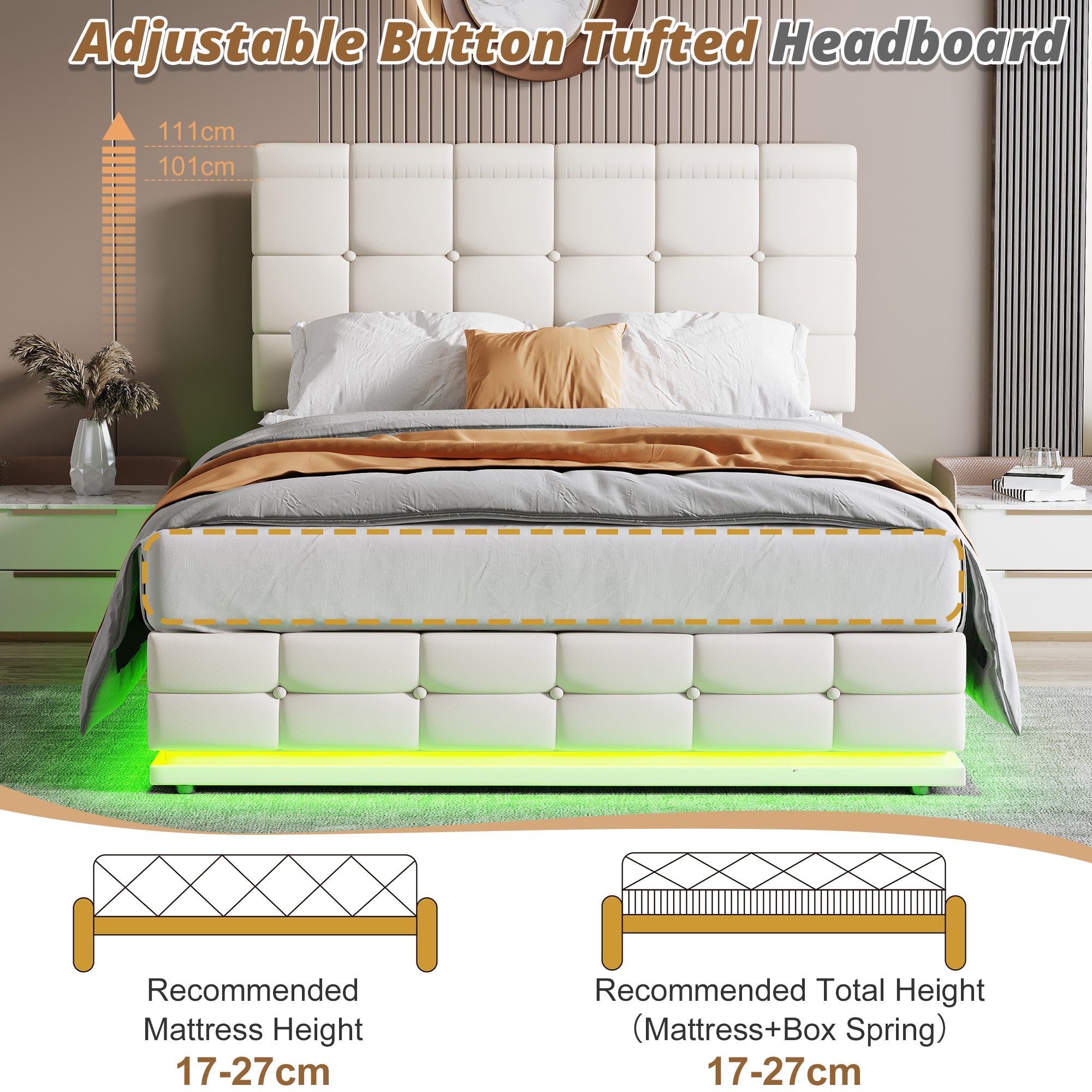 Ottoman Double Bed with LED Lighting, PU Leather Upholstered Bed with Hydraulic Storage, 4ft6 Double Bed Frame with Adjustable Button Tufted Headboard, Cream White (No Mattress)