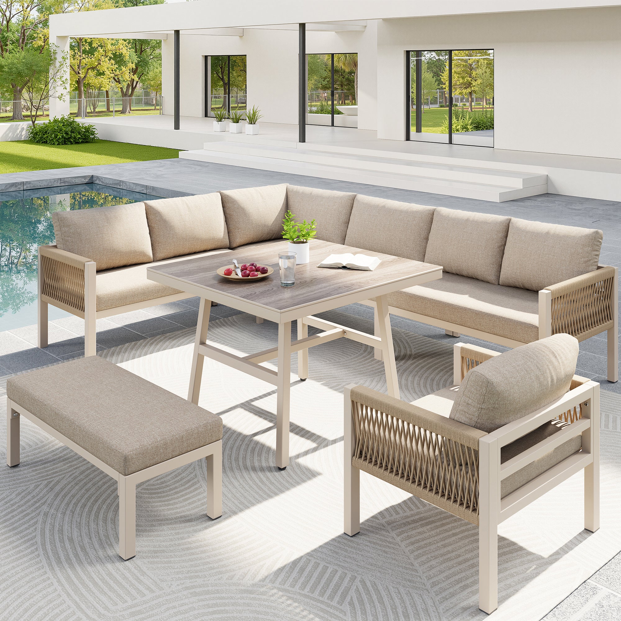 Handwoven L-shaped garden sofa set for up to 8 people, Sturdy iron frame with beige cushions, Complete with table (wood-look glass) & 1 armchair, Weatherproof patio furniture