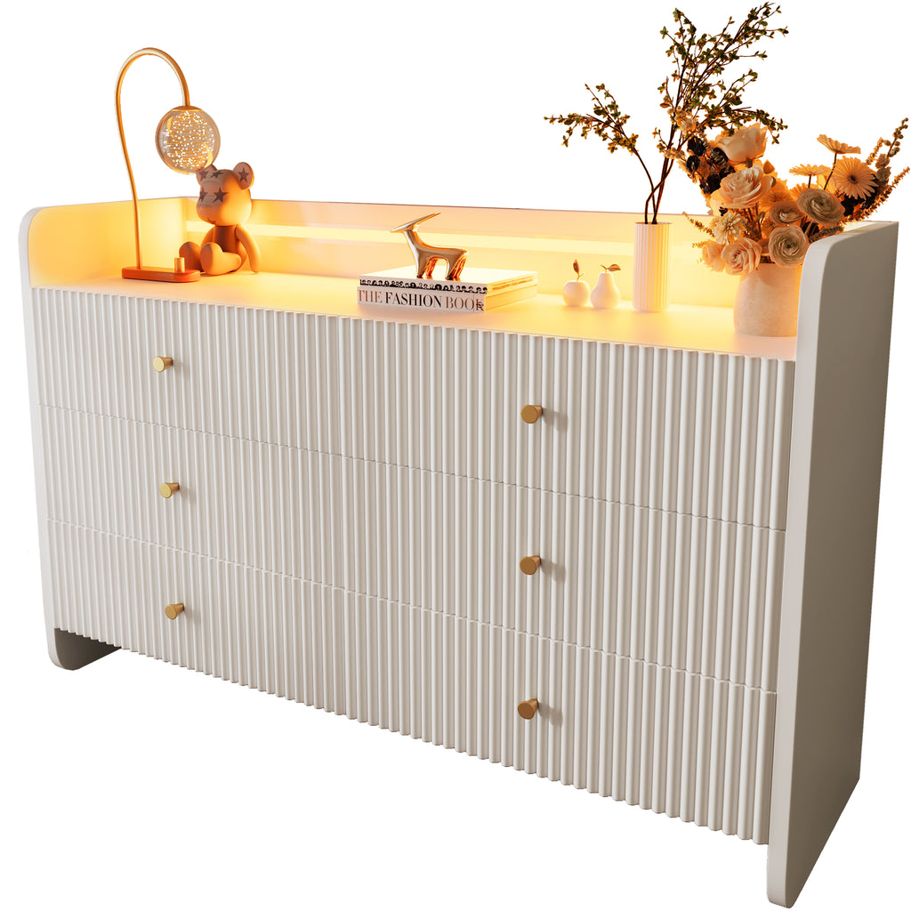 Fluted 6-Drawer Sideboard, Modern Storage Cabinet with RGB LED Lighting & Shelves,, Chest of Drawers for Living Room Bedroom Dining Room Office, 75x 120 x 40 cm, White