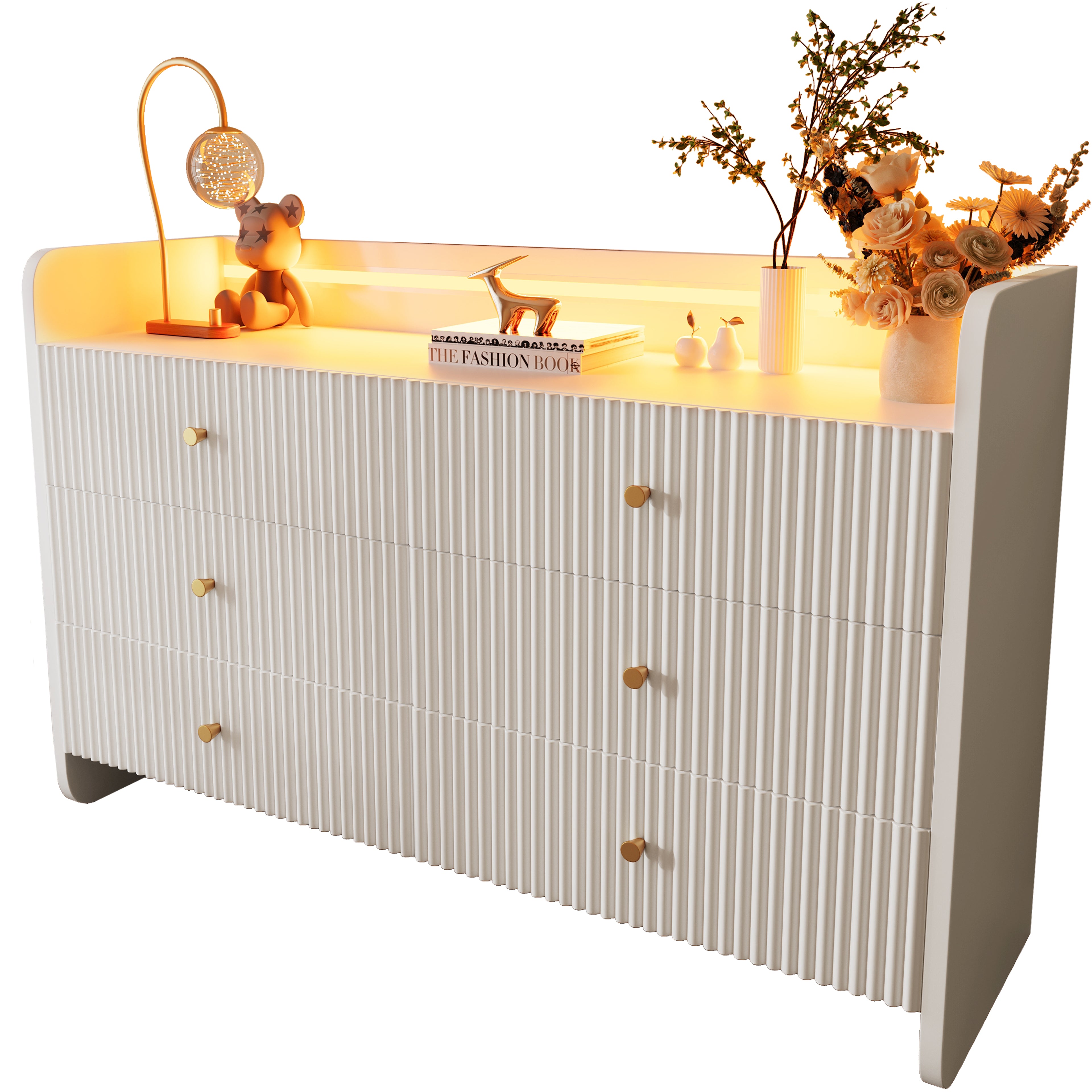 Fluted 6-Drawer Sideboard, Modern Storage Cabinet with RGB LED Lighting & Shelves,, Chest of Drawers for Living Room Bedroom Dining Room Office, 75x 120 x 40 cm, White