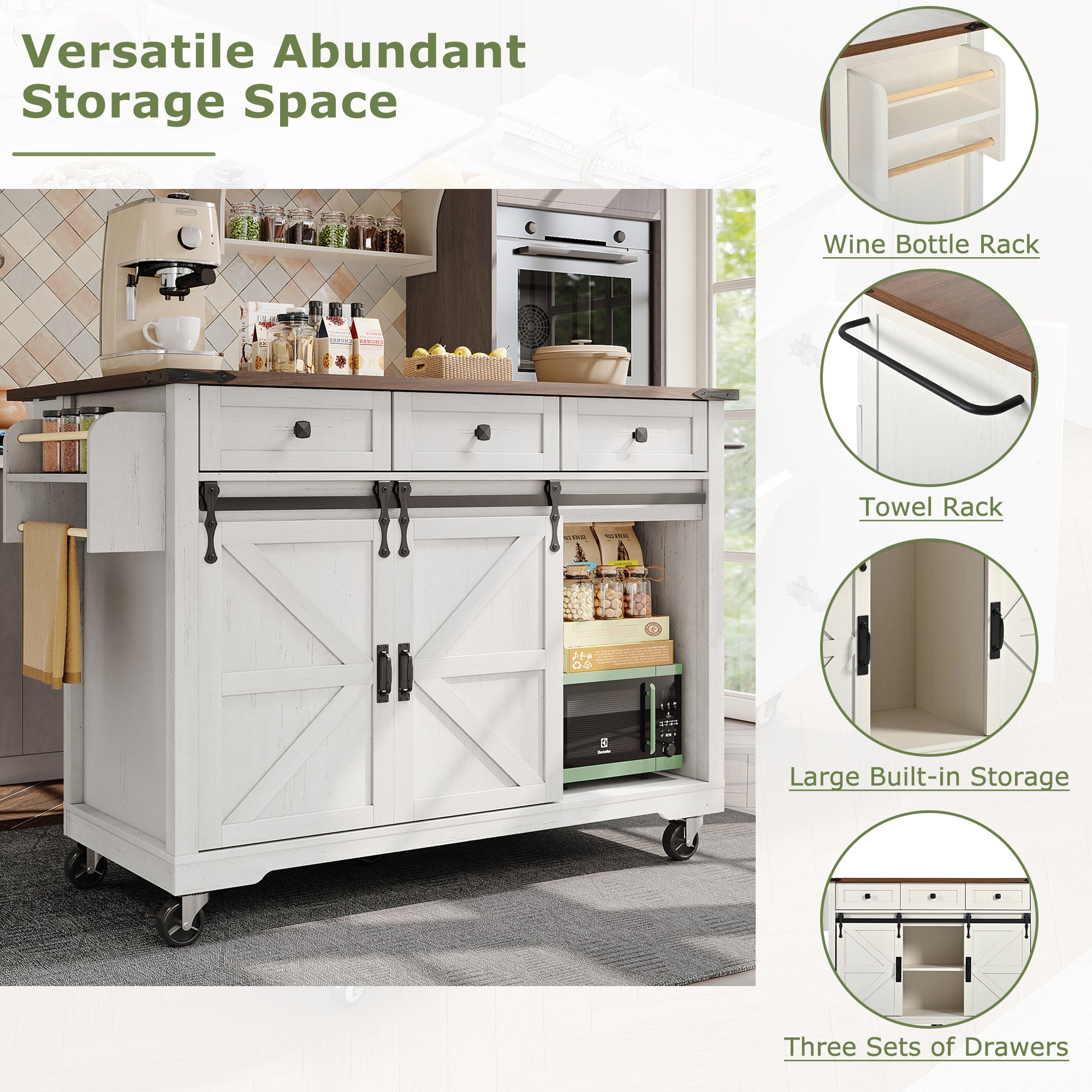 Kitchen island, serving cart with extendable worktop, kitchen cart on wheels, kitchen cabinet with 2 sliding doors and 3 drawers, dining cart with wood grain, kitchen cabinet