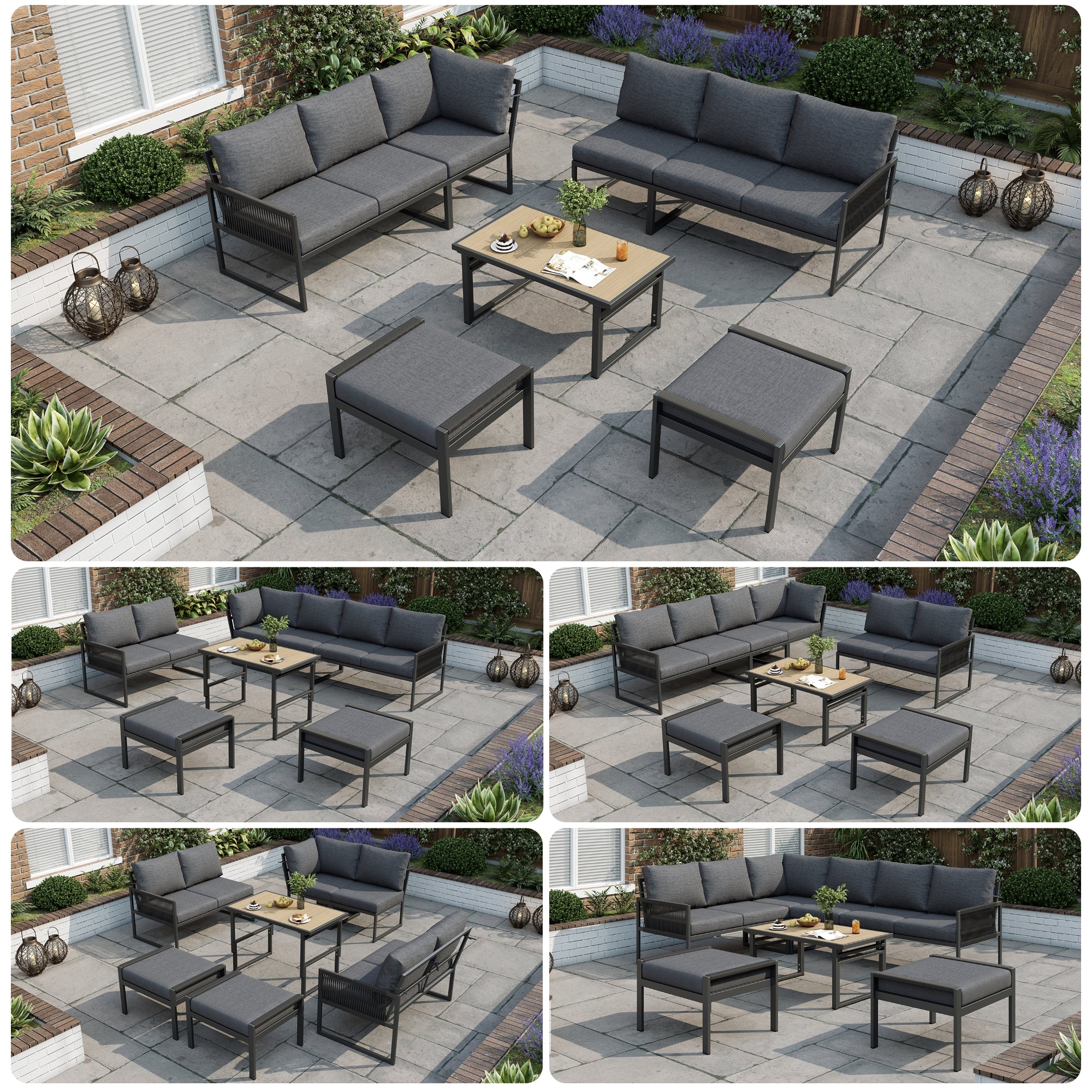 7-8 Seater Outdoor Garden Set with Height Adjustable Coffee Table and Compact Seater Stools, Corner Sofa with Polyester Rope, Weatherproof Outdoor Patio Dining Lounge Set for Balcony and Terrace, Grey