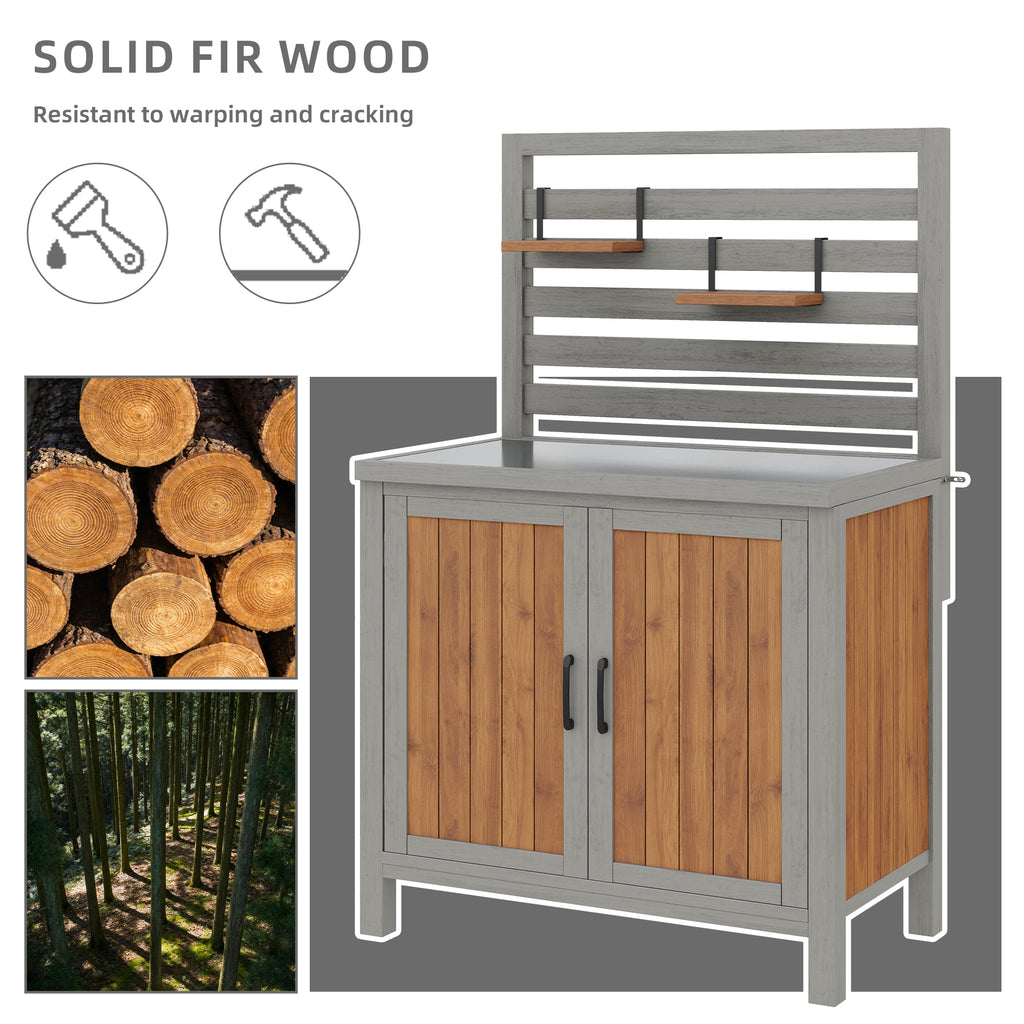 Weatherproof wooden garden cabinet – tool shed with stainless steel worktop, grill station with adjustable shelves and storage compartments, kitchen cabinet for patio, balcony, garden