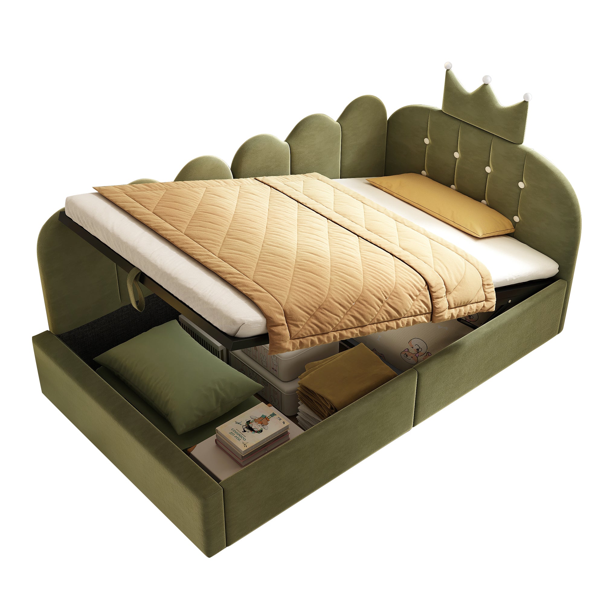 Upholstered Daybed with Hydraulic Storage, 3FT Single Sofa Bed 90 x 190 cm, Crown-shaped Bed Guest Beds for Adults & Children, Velvet, Green (No Mattress)