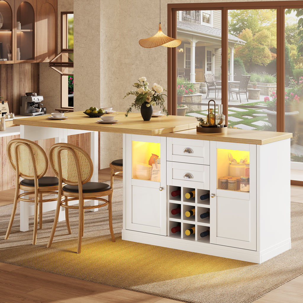 Extendable Sideboard with LED Lights, 120-197cm Adjustable Dining Table with Storage, 2 Drawers & Glass Cabinet doors, White/Black