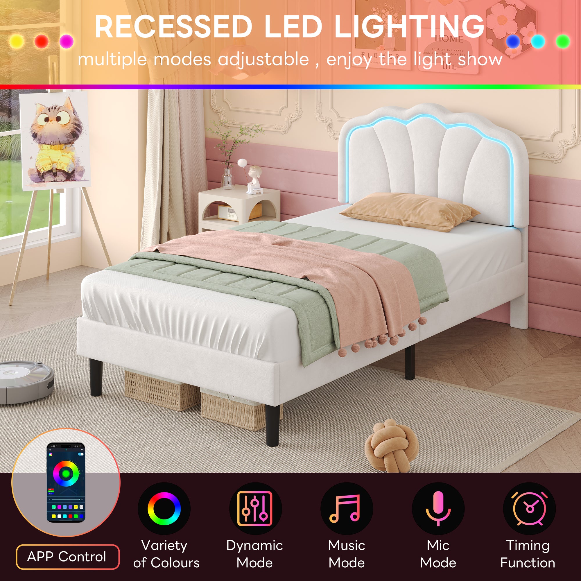 3ft Single Upholstered Bed with LED Adjustable Shell Shape Headboard, Soft Velvet Bed Frame with Solid Wood Slat, No Box Spring Needed, Easy Assembly, Cream White (No Mattress)