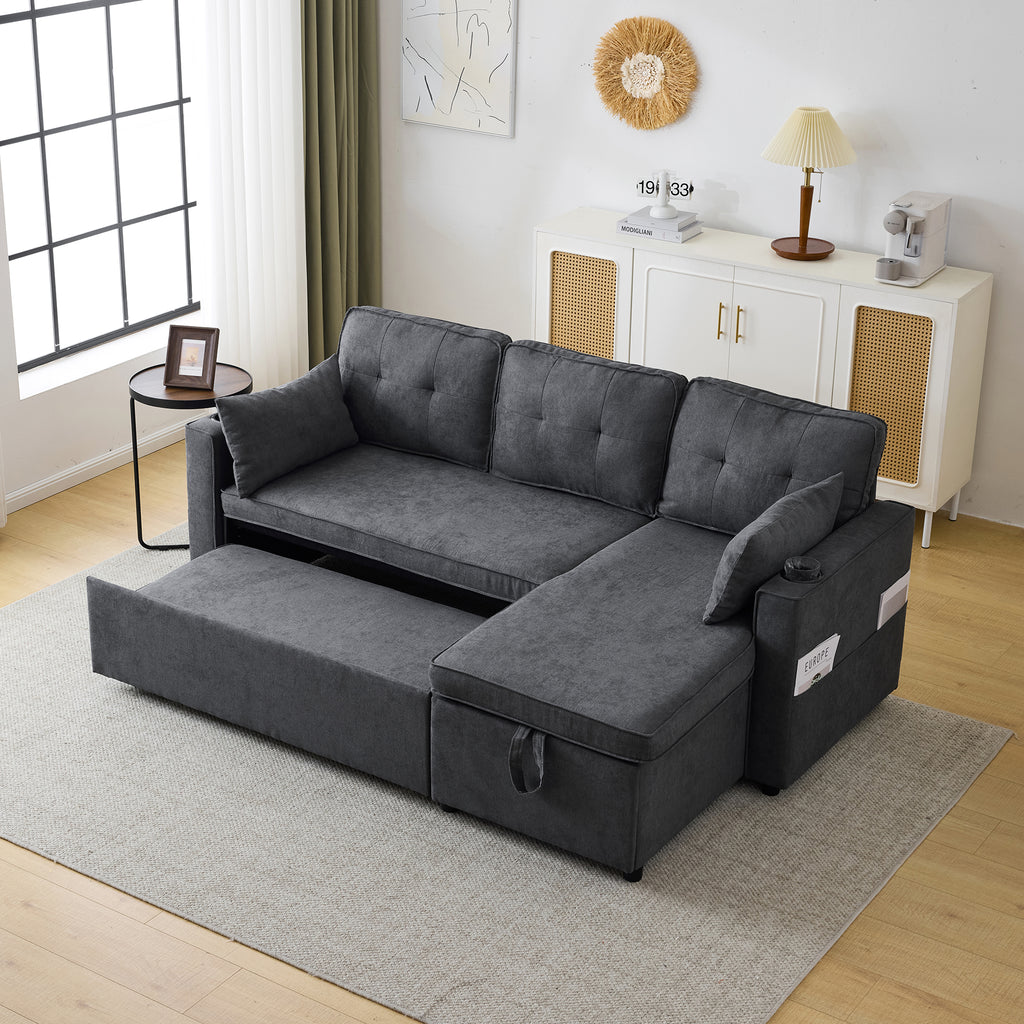 3-in-1 Convertible Sofa Bed with Internal Storage Chaise, L Shaped Sleeper Sofa Couches with Cup Holders, Pillows and Storage Pocket. Pullout Sectional Daybed for Living Room/Bedroom/Office, Grey