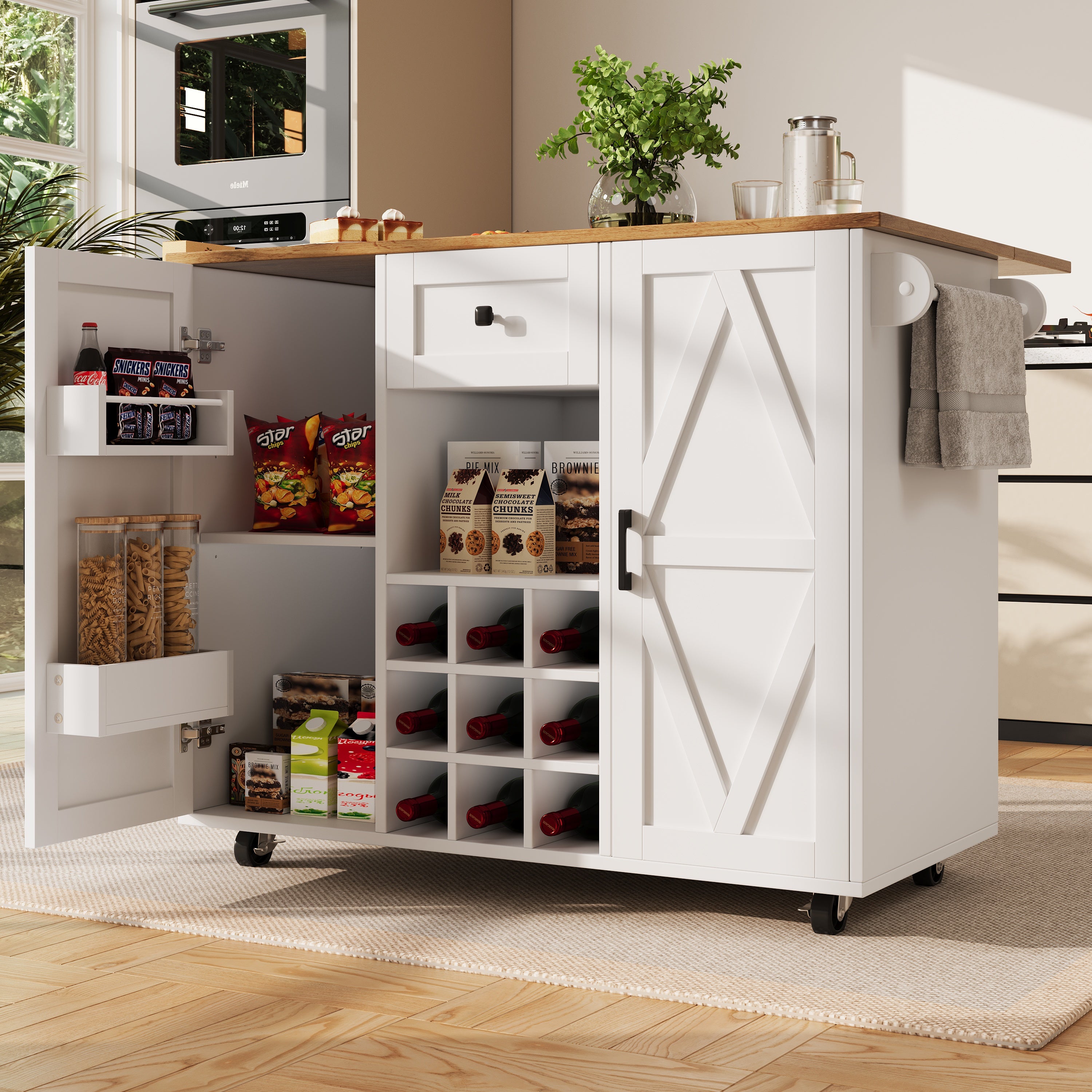 Modern kitchen island, kitchen cabinet, sideboard, serving trolley with wood grain, sideboard, multifunctional dining table with storage space, serving trolley with snack shelves and stretch function