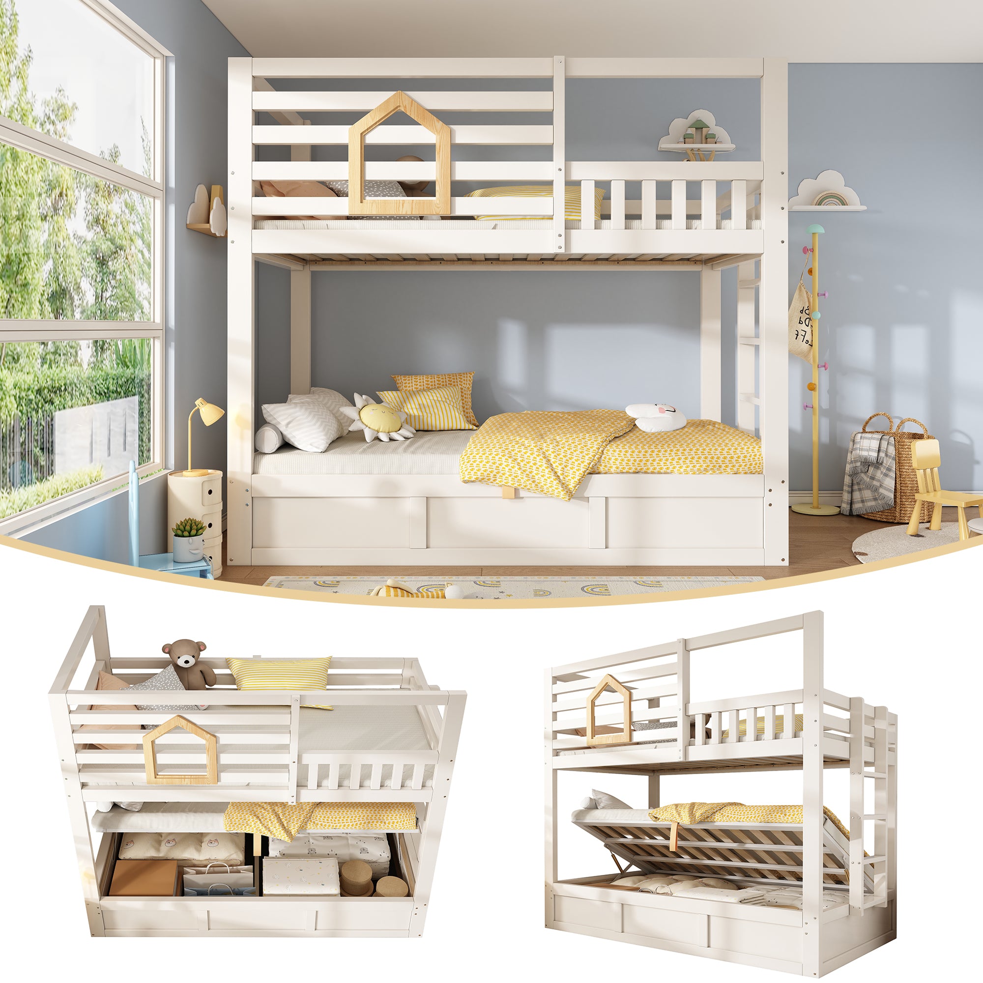 Bunk Beds for Kids with Ladder, Wooden Cabin Bed Hydraulic Storage, Children's House Bed, Twin Sleeper (90+90) x 190 cm, Solid Wood, White