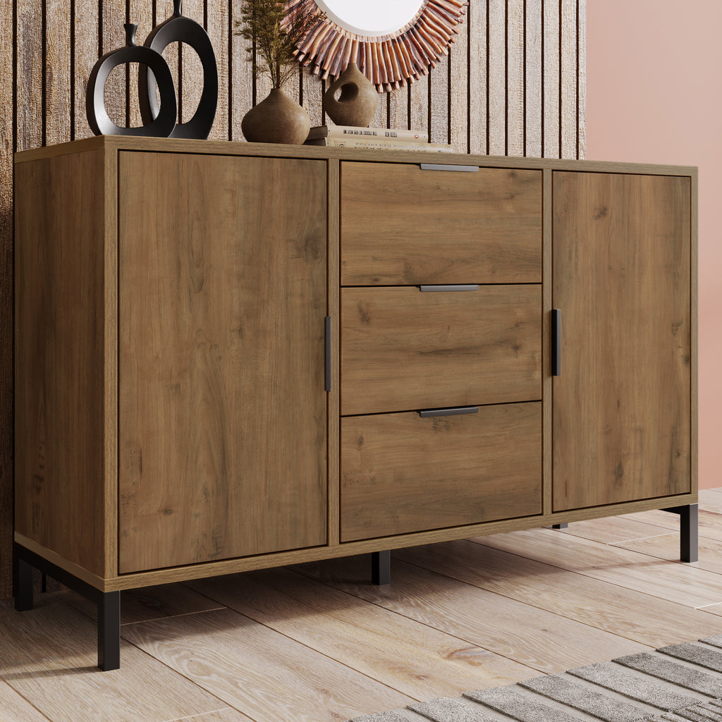  Sideboard Cabinet for Living Room, Chest of Drawers with 2 Doors and 3 Drawers, Adjustable shelf, Dark Oak, 40D x 120W x 76H cm