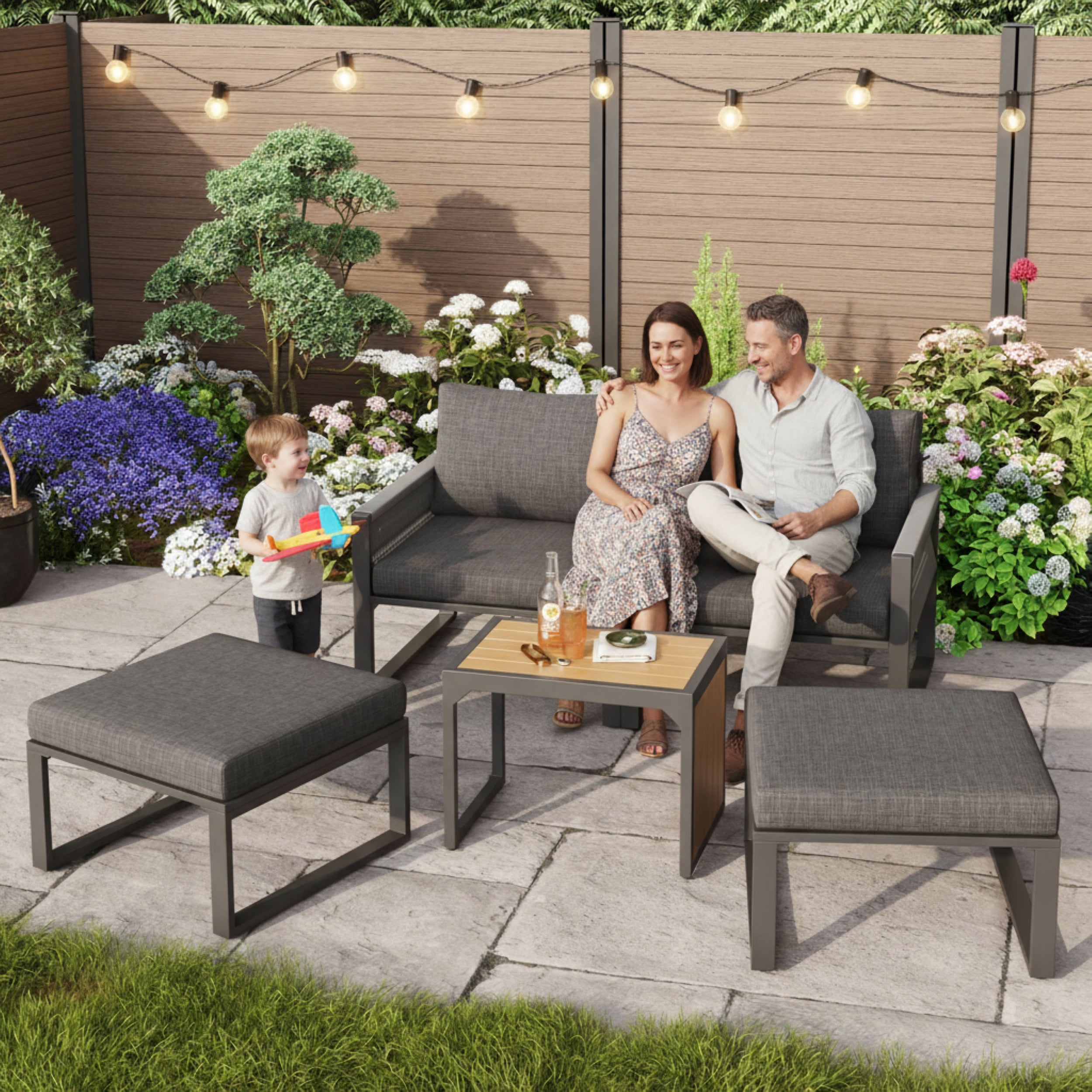 2-4 Seater Modular Garden Furniture Set with Plastic Wood Table, Flexible Corner Sofa with Polyester Rope and Waterproof Linen Fabric, Weatherproof Outdoor Patio Lounge Set, Grey