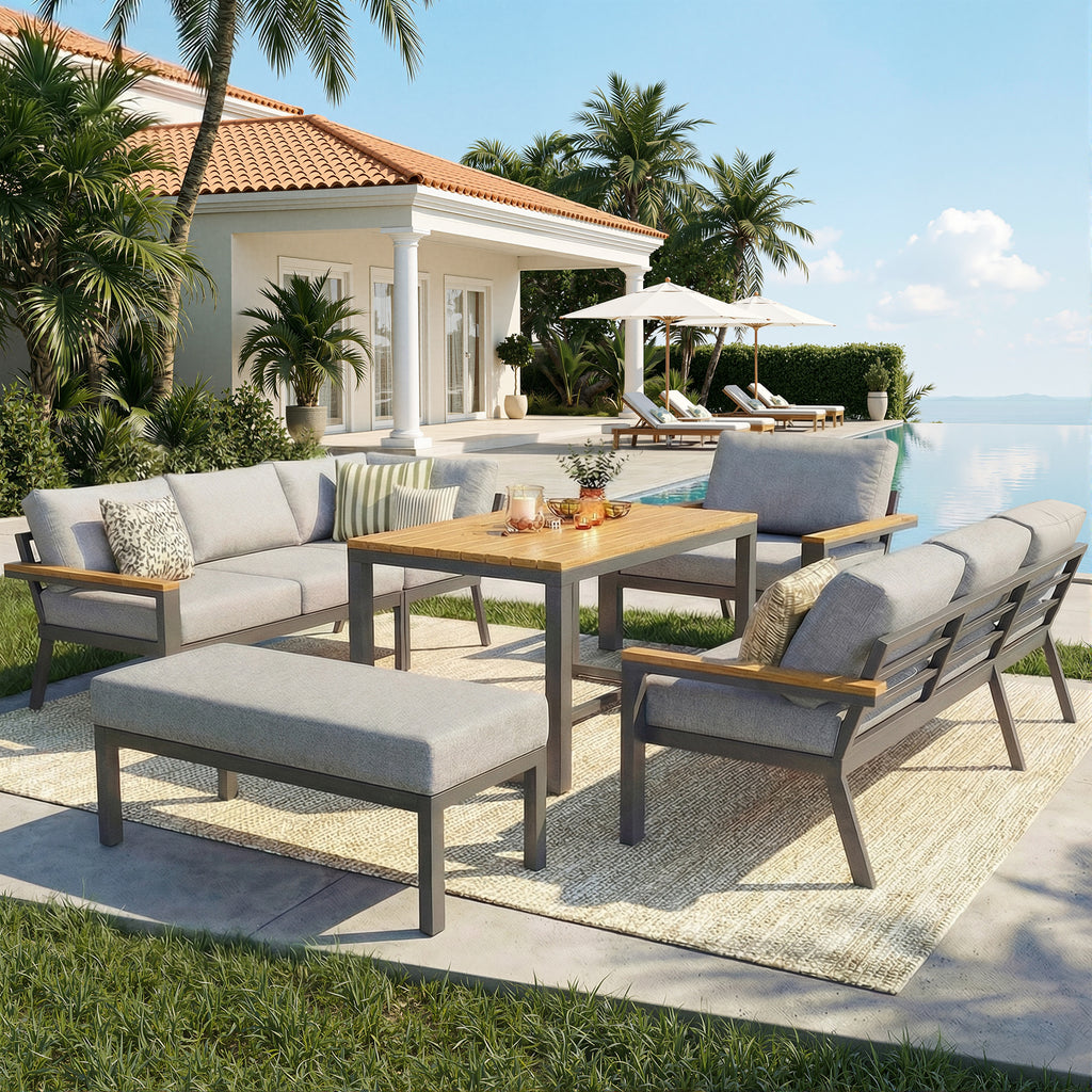 Eight-person L-shaped garden sofa set with wooden table / Weatherproof corner suite made of iron / Including armchair, bench & wooden worktop / With grey cushions