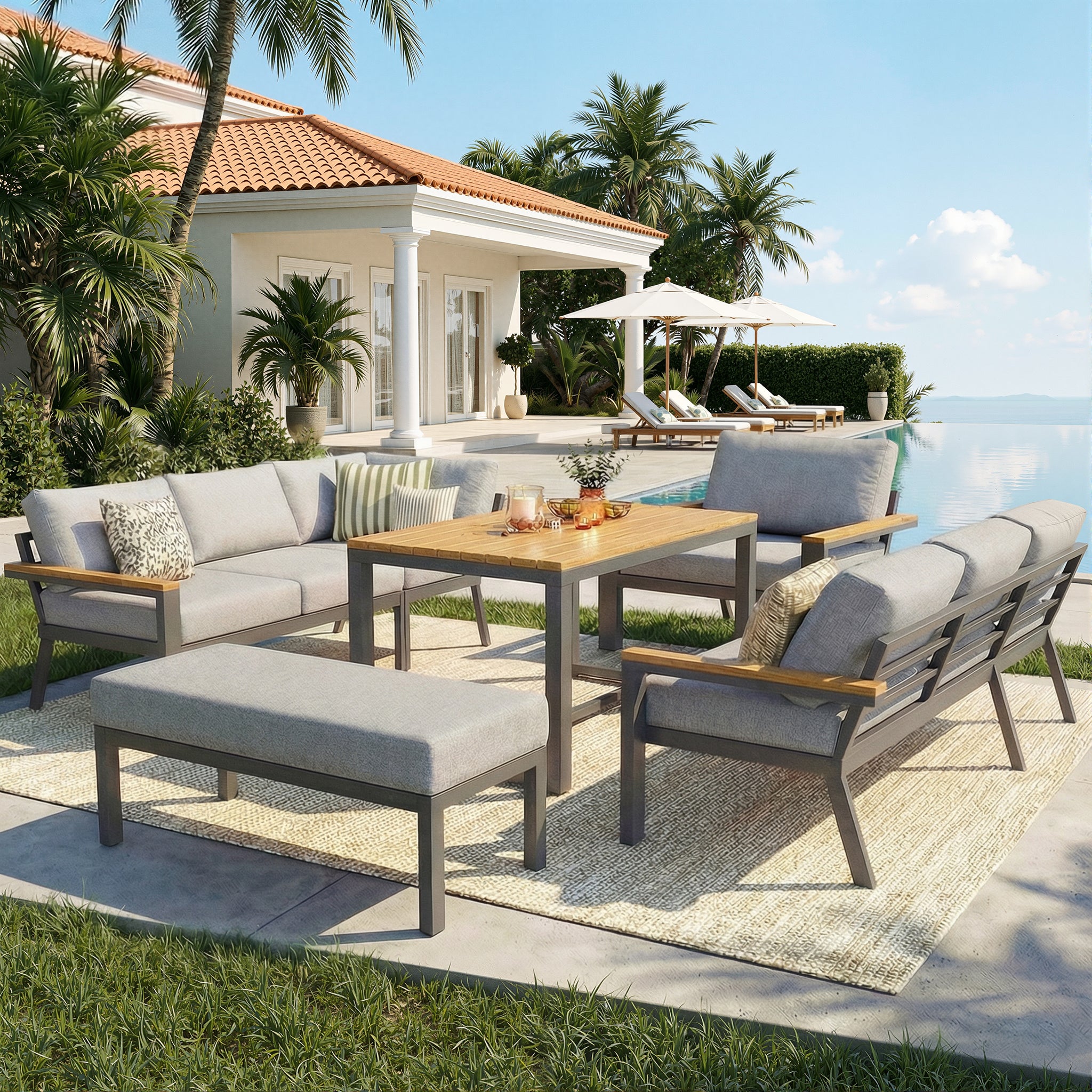 Eight-person L-shaped garden sofa set with wooden table / Weatherproof corner suite made of iron / Including armchair, bench & wooden worktop / With grey cushions