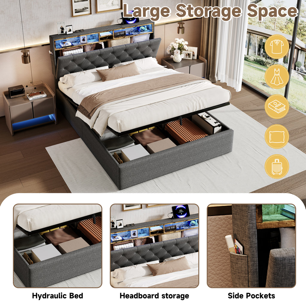 5ft King Upholstered Hydraulic Bed with Concealed Headboard Storage, Button Tufted Headboard with RGB LED Lighting and Charging Station, USB and Type - C Ports, Linen, Grey (No Mattress)