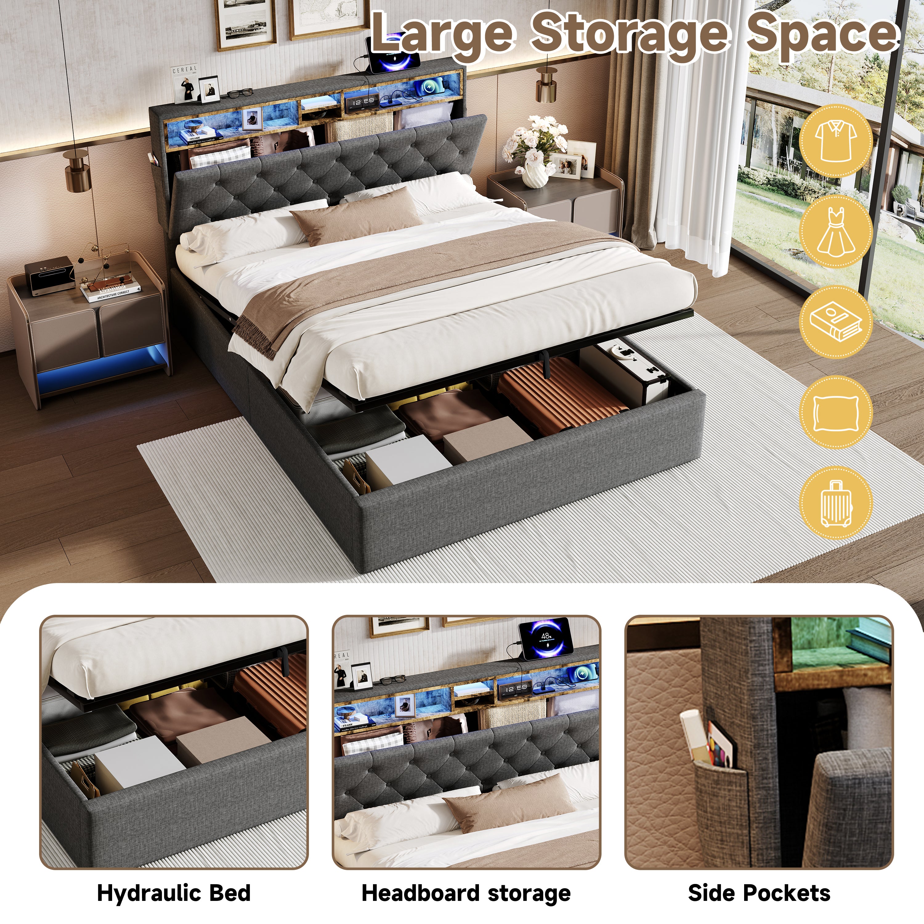 5ft King Upholstered Hydraulic Bed with Concealed Headboard Storage, Button Tufted Headboard with RGB LED Lighting and Charging Station, USB and Type - C Ports, Linen, Grey (No Mattress)