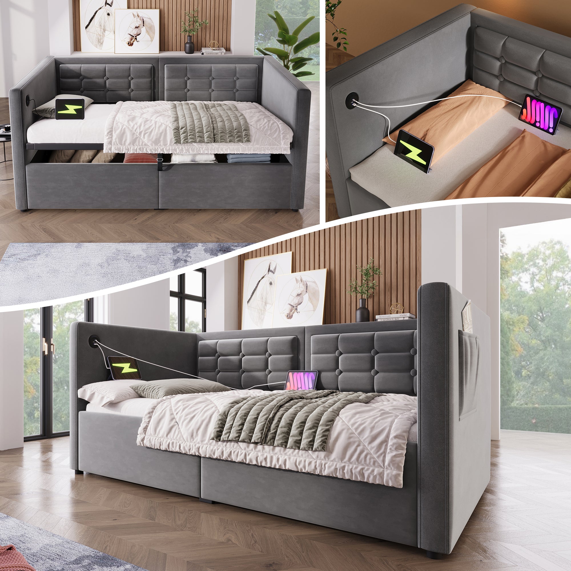 Daybed Upholstered Bed 90 x 190 cm, 3FT Single Sofa Bed with USB &Type-C Charging Station,  Hydraulic Storage Bed for Living Room and Bedroom, Velvet, Grey (No Mattress)