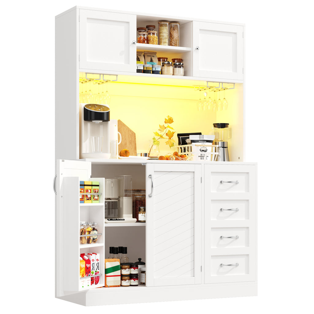 Sideboard / Storage Cabinet / Kitchen Cabinet / Buffet Cabinet, 120x40x188cm, with LED Lighting, Snack Rack & Drink Holders, 4 Doors & 2 Large Drawers, Green/White