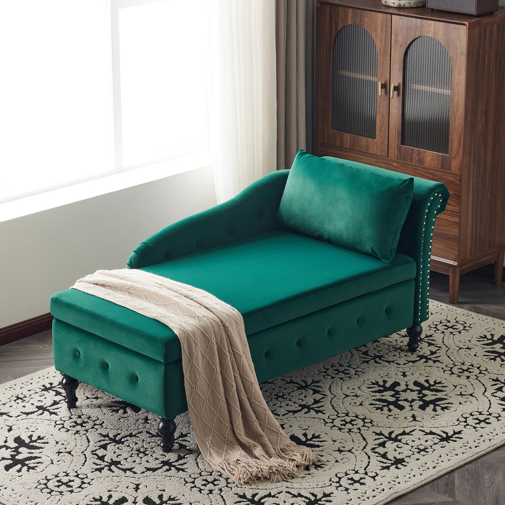 Velvet Chaise Lounge Sofa with Storage, Upholstered Chaise lounge Couch with Pillow for Living Room, Modern Nailhead-Trim & Button-tufted Lounge Chair, Bedroom and Office, Right Armrest