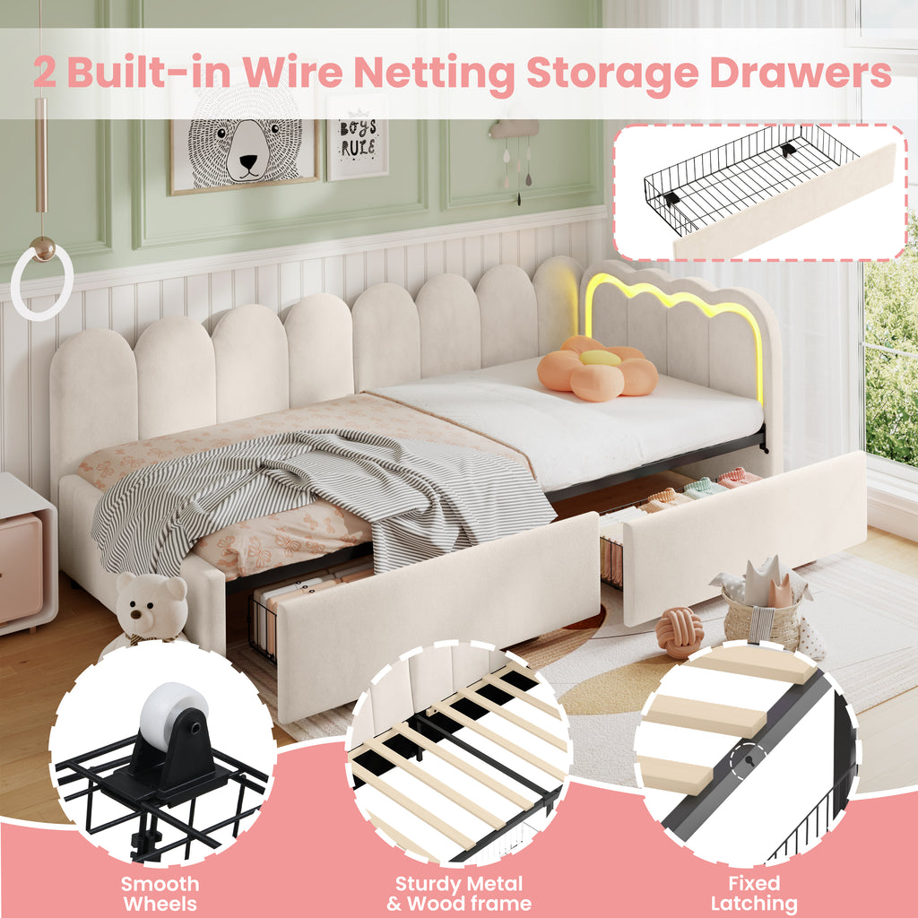 3ft Single Daybed with Smart RGB LED Lights and 2 Storage Drawers, Modern Velvet Youth Bed with Scalloped Backrest and Wooden Slats, Reversible Side Panel, Easy Assembly, Beige (No Mattress)