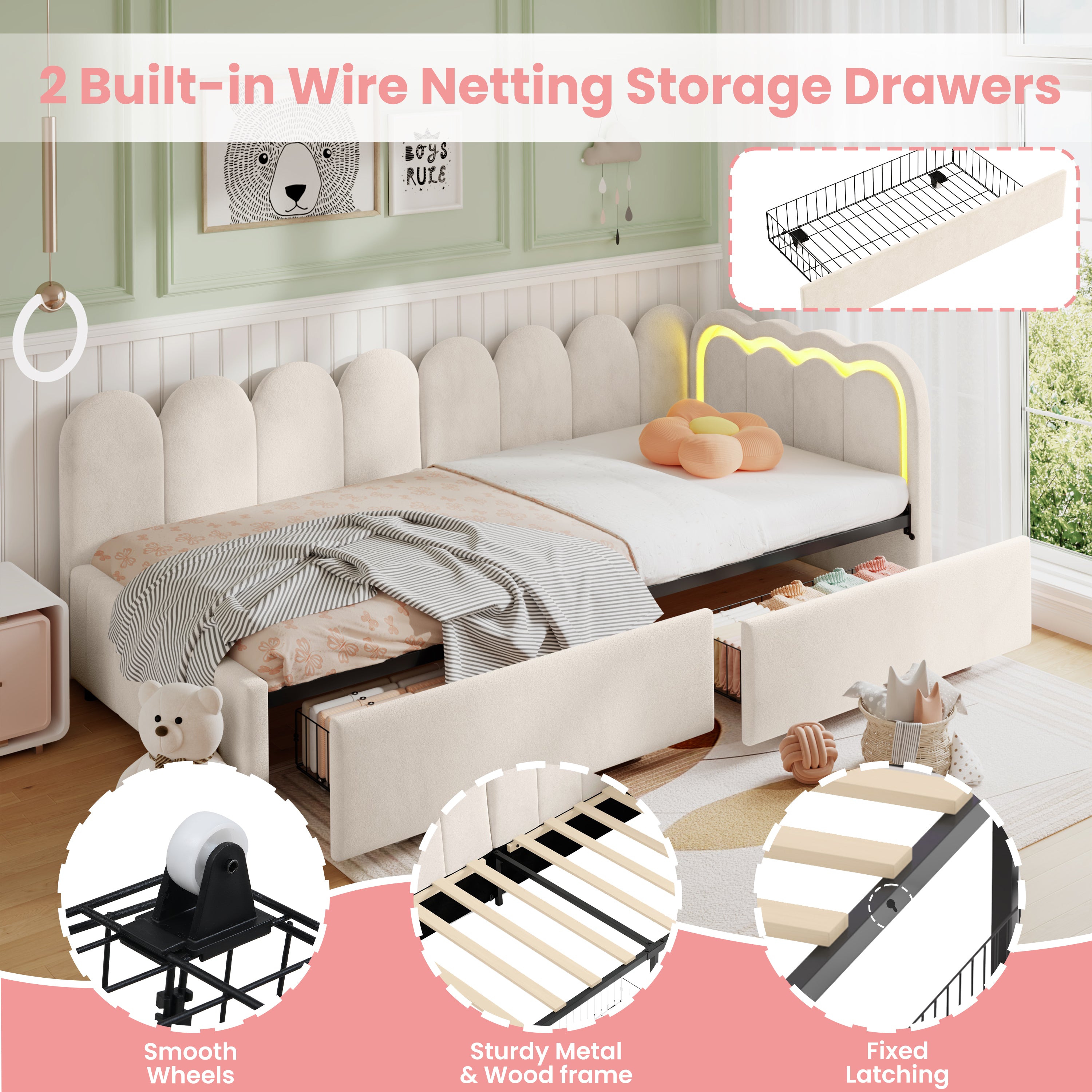 3ft Single Daybed with Smart RGB LED Lights and 2 Storage Drawers, Modern Velvet Youth Bed with Scalloped Backrest and Wooden Slats, Reversible Side Panel, Easy Assembly, Beige (No Mattress)