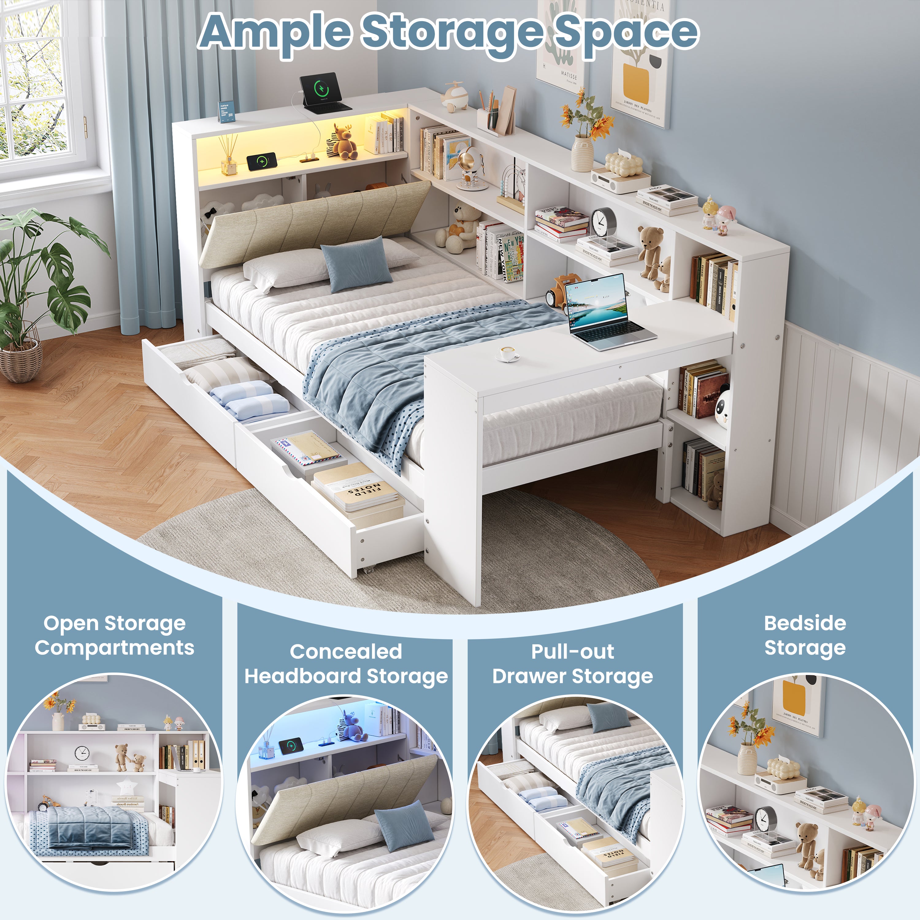 3ft Single L-Shape Daybed with Storage Drawers and Bookcase Storage, LED Linen Concealed Headboard Storage with Charging Station, Wood Bed for Living Room/ Bedroom/ Study Room, White (No Mattress)