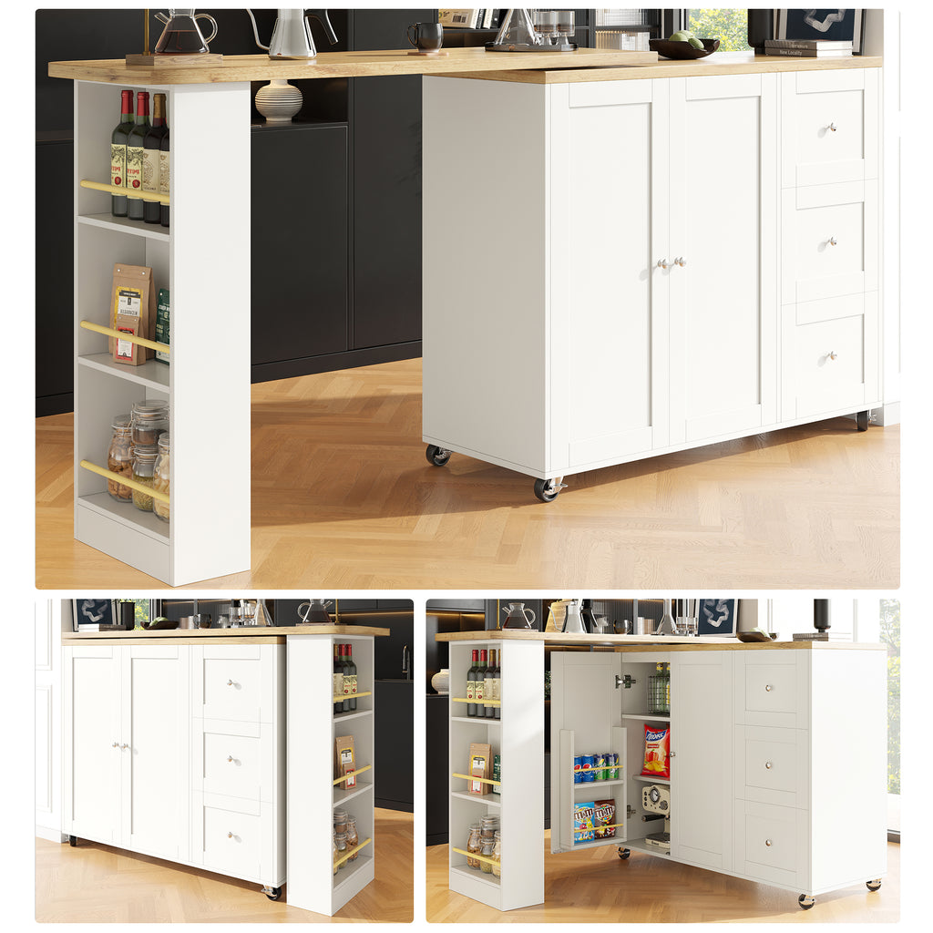 360° swivelling dining table (138-209 x 39 x 106 cm) on castors, bar table, white, with three drawers and snack rack, multifunctional storage island, suitable for kitchen and living room.