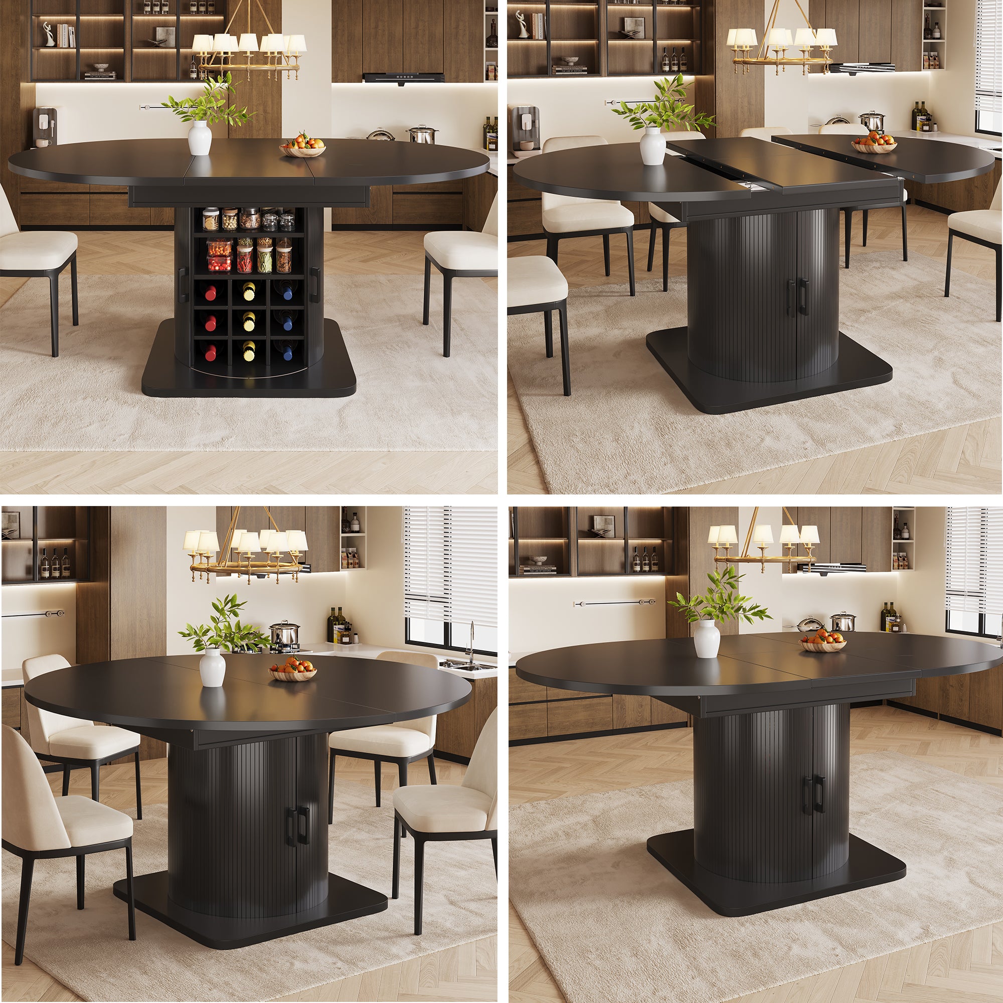 Extendable dining table with storage, multifunctional folding table with wine rack, space-saving kitchen table for small rooms and dining rooms, MDF tabletop, black