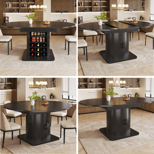 Extendable dining table with storage, multifunctional folding table with wine rack, space-saving kitchen table for small rooms and dining rooms, MDF tabletop, black