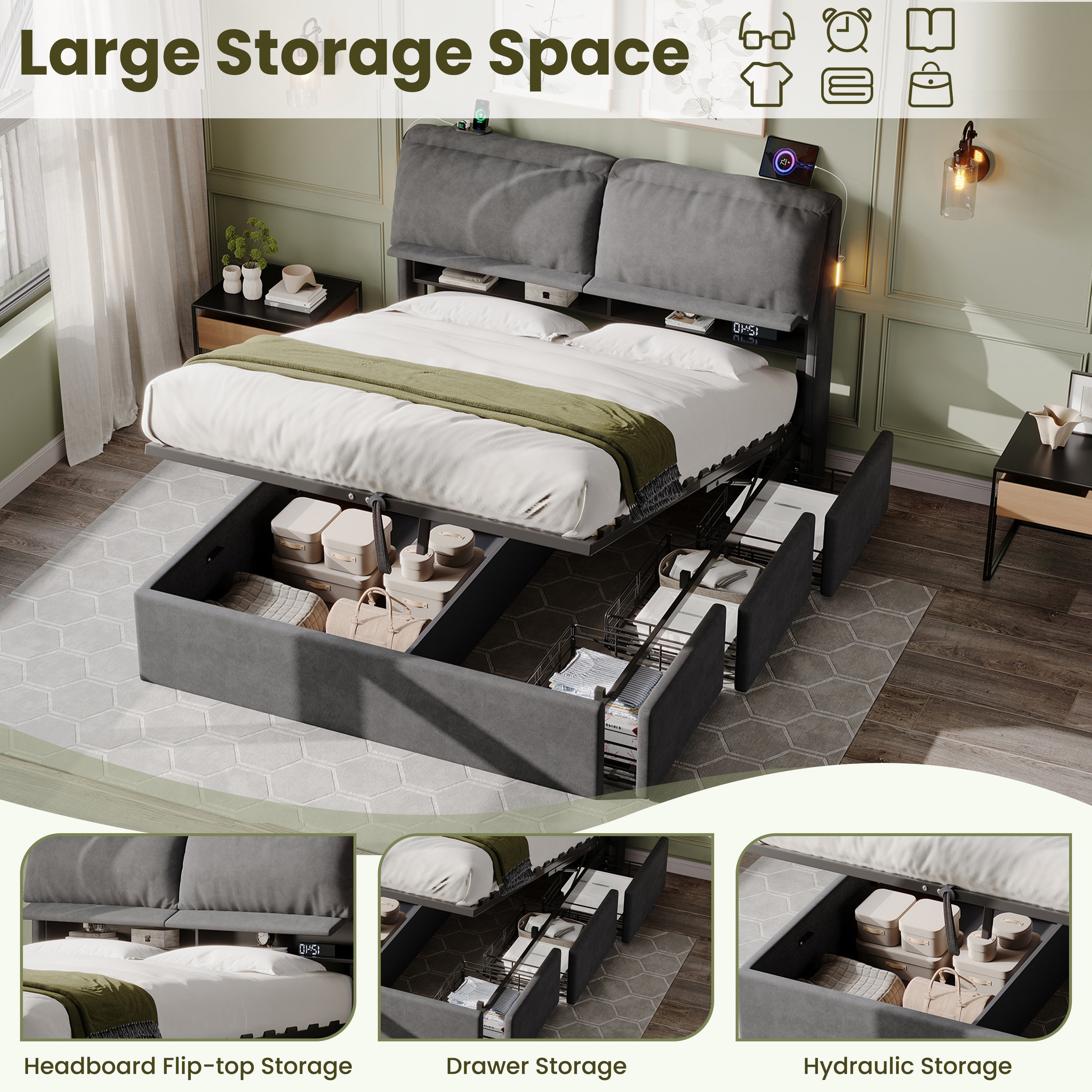 5ft King Bed with Hydraulic Storage, Velvet Upholstered Bed with Headboard Flip-top Storage and Drawers, Back Cushion Headboard with Charging Station and LED Night Light, Grey (No Mattress)