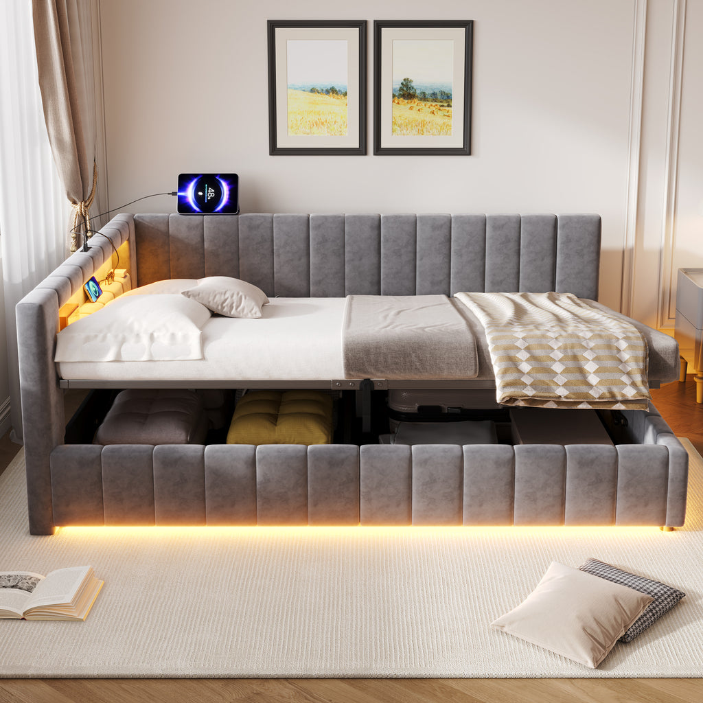 4ft6 Double Velvet Side Hydraulic Storage Bed with Smart RGB LED Lights & Charging Station, Side Opening Ottoman Bed Frame with Type-C & USB Ports, Channel Tufted, Grey(No Mattress)