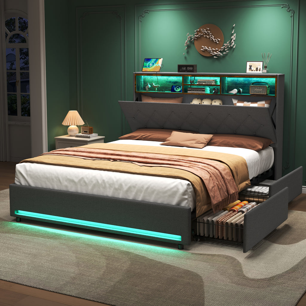 Double Bed with 4 Storage Drawers, Bed Frame with Concealed Headboard Storage, Button Tufted Headboard with RGB LED Lighting and Charging Station, Linen, Grey(No Mattress)