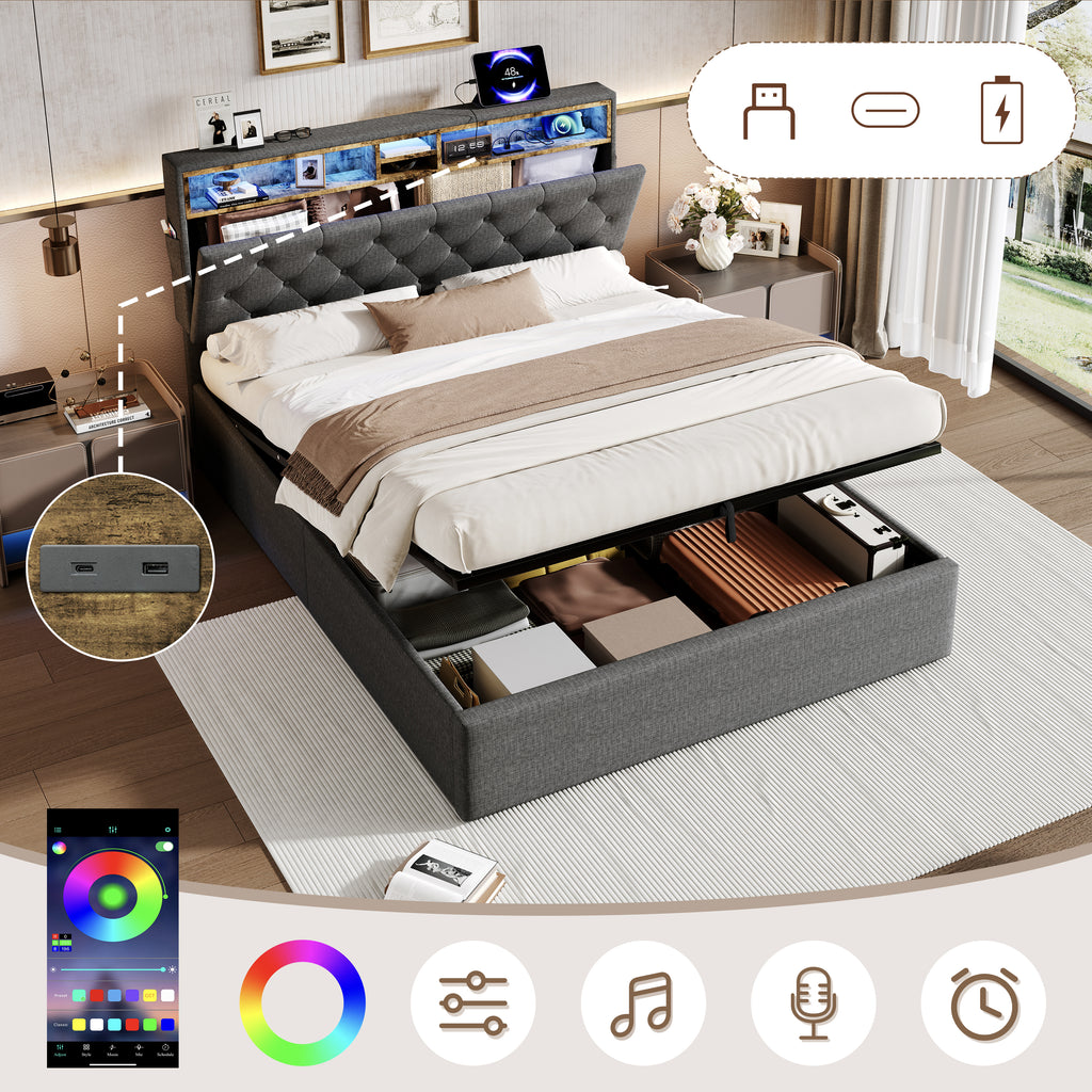 5ft King Upholstered Hydraulic Bed with Concealed Headboard Storage, Button Tufted Headboard with RGB LED Lighting and Charging Station, USB and Type - C Ports, Linen, Grey (No Mattress)