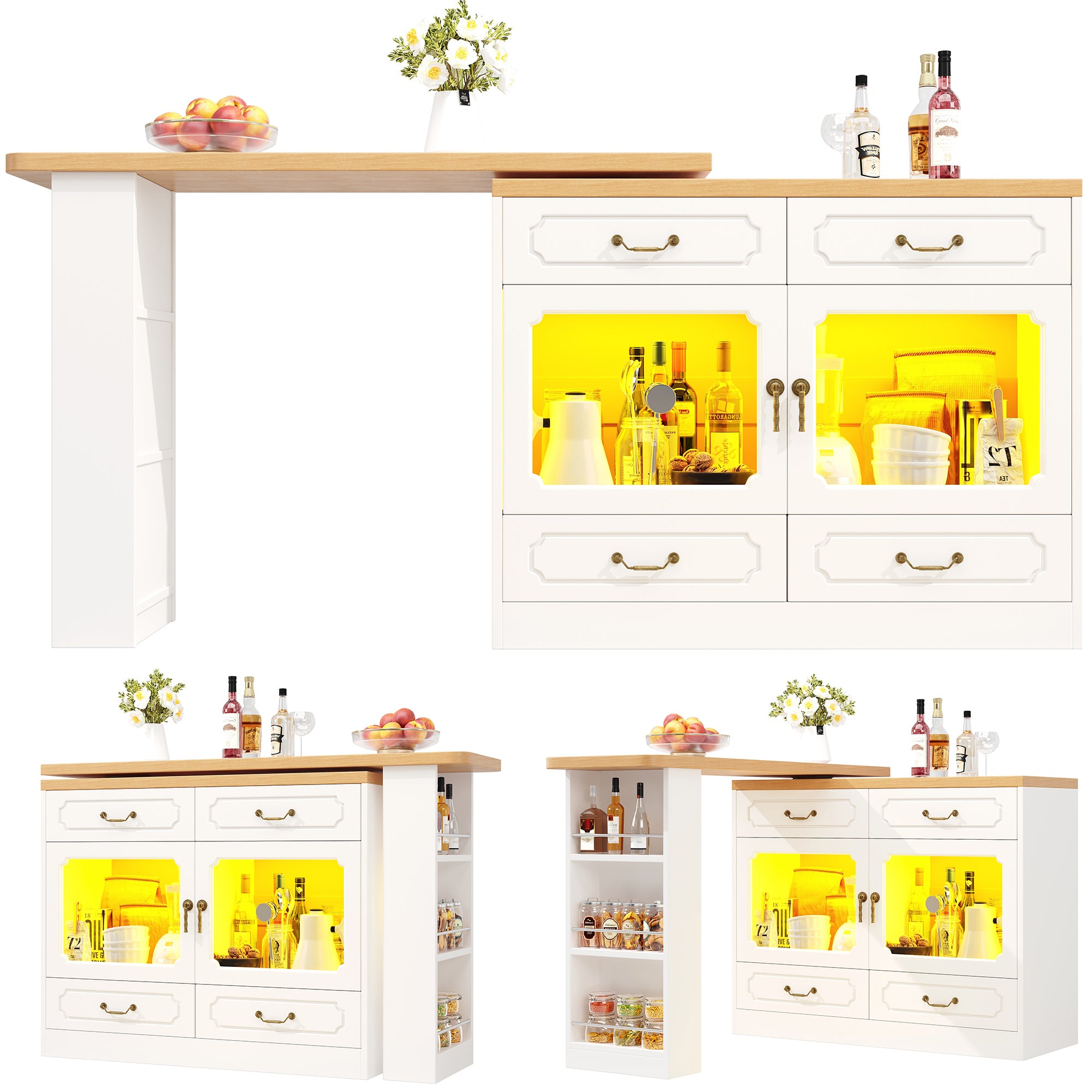 360° Rotating Kitchen Island Bar Table with App Controlled LED Lights, Buffet Sideboard with 4 Drawers & Glass Cabinet, Multifunctional Dining/Work Desk for Living Room & Kitchen