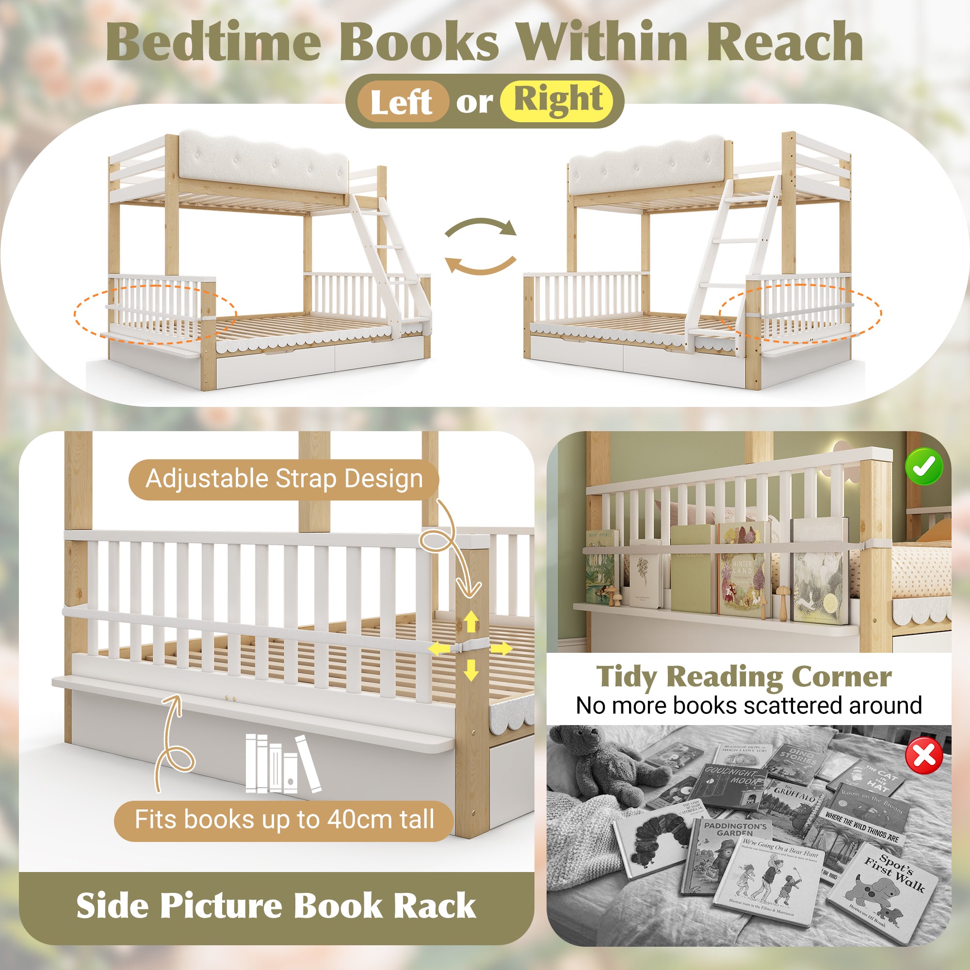 Bunk Beds for Kids, Children's Bunk Bed with Drawers and Side Bookshelf, Double Bunk Bed for Family with Multiple Children, (90+135) x 190 cm, Solid Wood, White & Nature