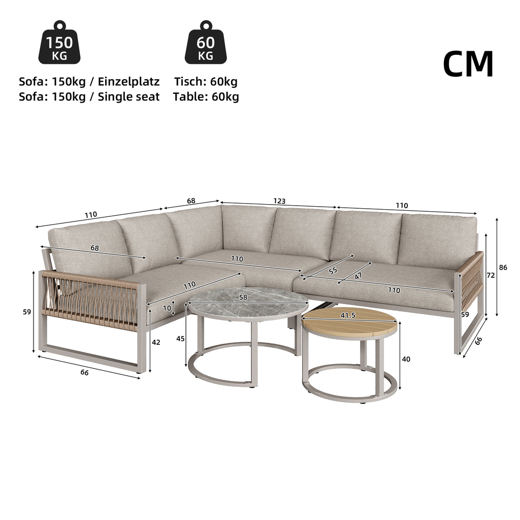 Outdoor garden lounge set, furniture set for 6-7 people, corner sofa with galvanized iron frame, adjustable legs, includes all seat and back cushions, beige