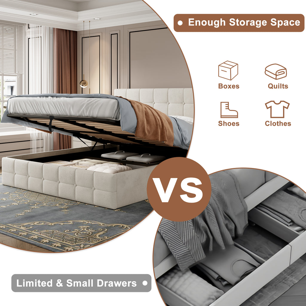 Double Upholstered Storage Bed Frame, Velvet Ottoman Bed with Hydraulic Storage, Double Bed with Adjustable Button Tufted Headboard, Metal-Wood Support, No Mattress, Beige