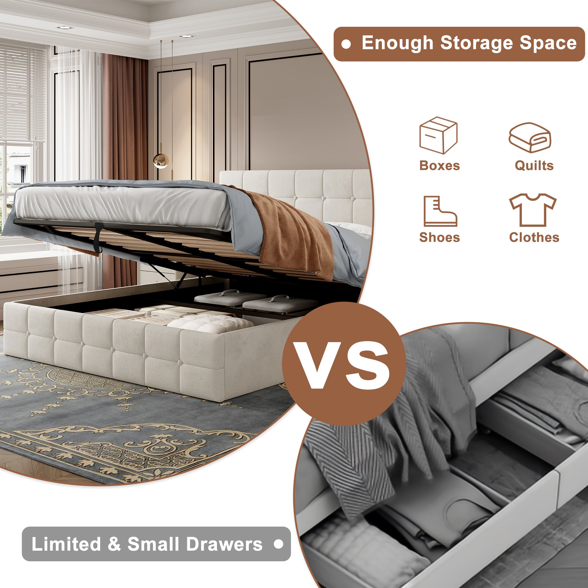 Double Upholstered Storage Bed Frame, Velvet Ottoman Bed with Hydraulic Storage, Double Bed with Adjustable Button Tufted Headboard, Metal-Wood Support, No Mattress, Beige