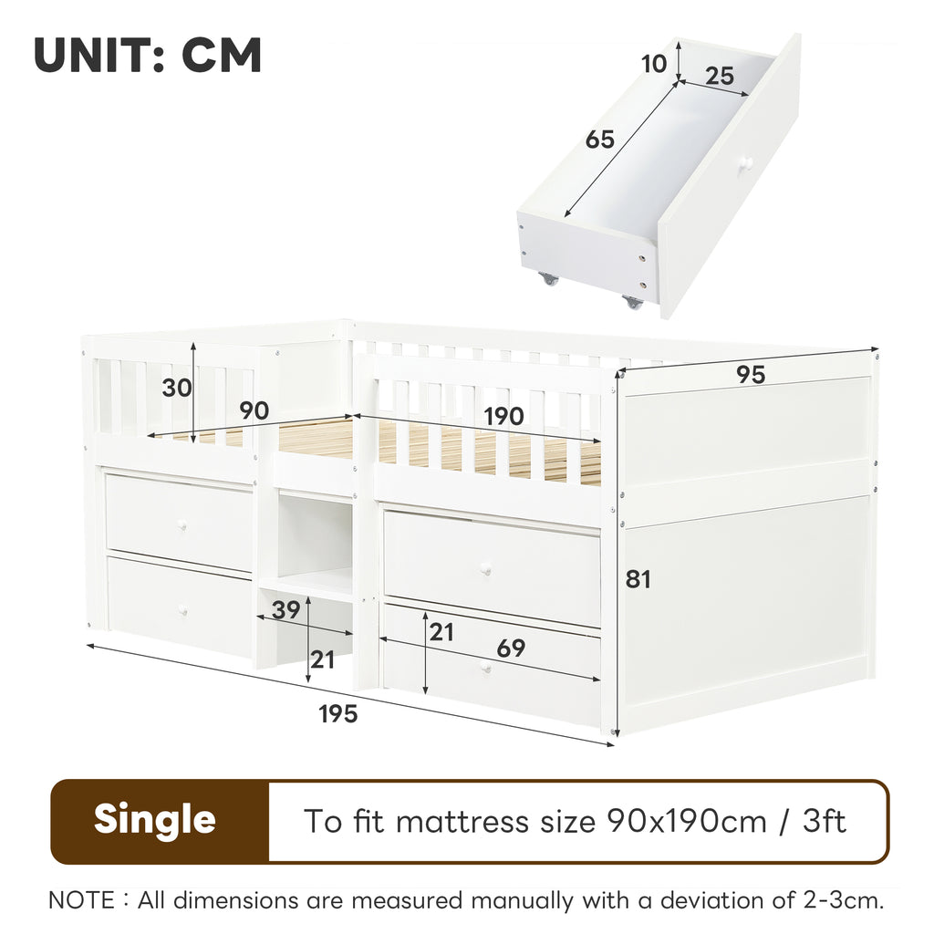 Low Loft Bed with Storage, Solid Wood Bed Frame with Drawer Storage, 3ft Single Bed with Guardrail, No Box Spring Needed, Saving-space Design for Bedroom, Modern Bed for Children, White (No Mattress)