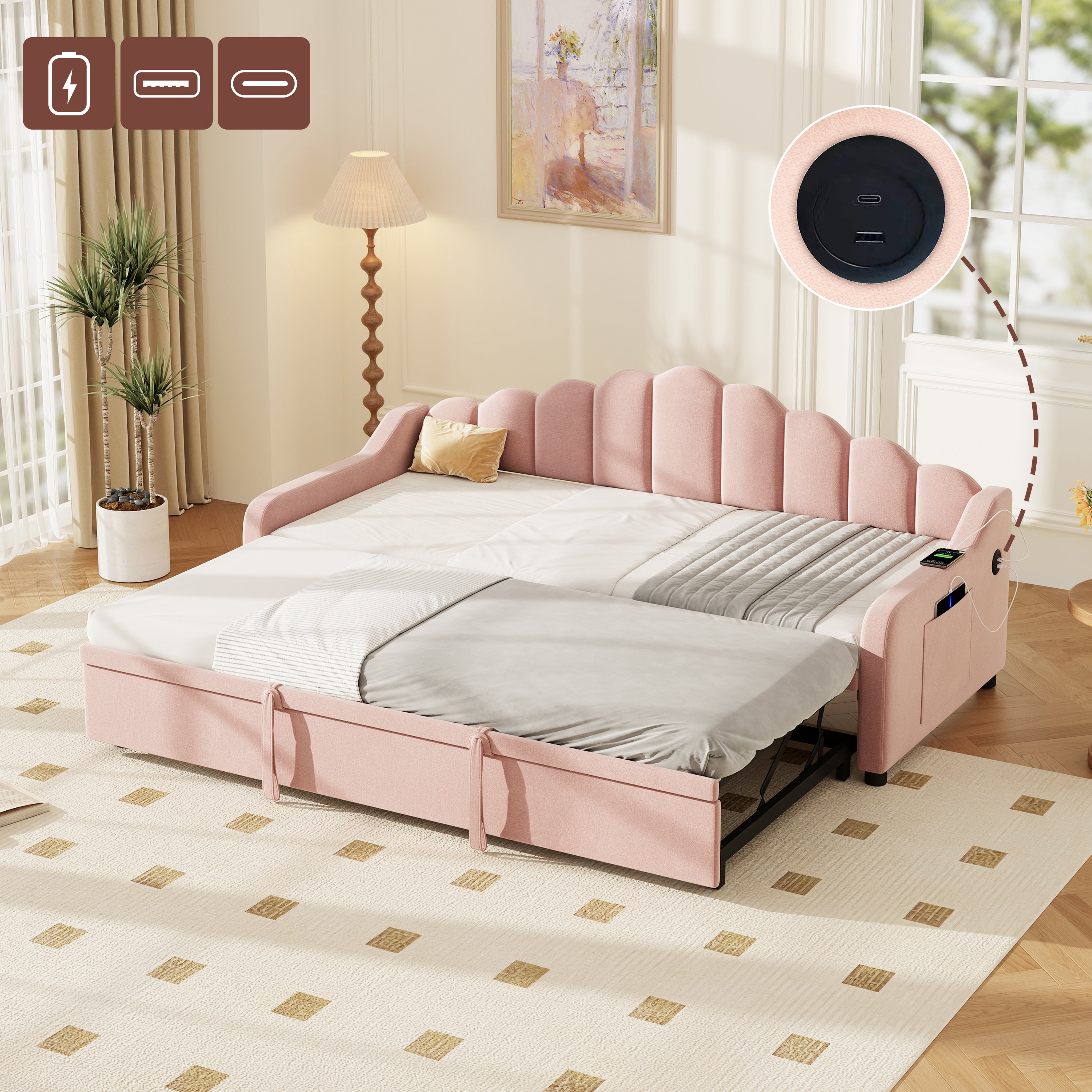 3ft Single Daybed with Pull-out Trundle, Velvet Upholstered Sofa Bed with Side Charging Station & Storage Pockets, Chic Fluted Scalloped Backrest, Pink (No Mattress)
