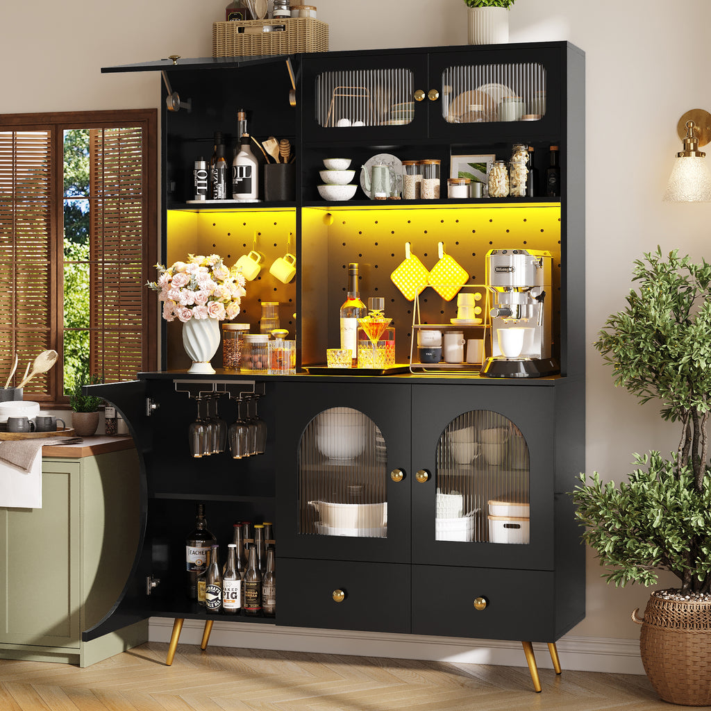 Tall Kitchen Cabinet with LED Lights & USB Ports, Modern Sideboard Storage Cabinet with Power Outlets, Perforated Wall, Drawer & Glass Shelves, for Kitchen & Living Room, 120x40x176 cm, Black