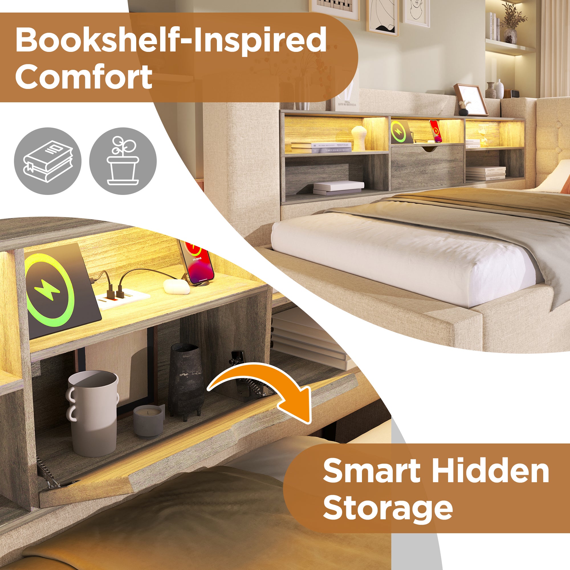  Daybed Upholstered Bed 90 x 190 cm, 3FT Single Sofa Bed with Storage, USB &Type C Charging Station, Pull out Trundle for Living Room and Bedroom, Linen, Beige (No Mattress)
