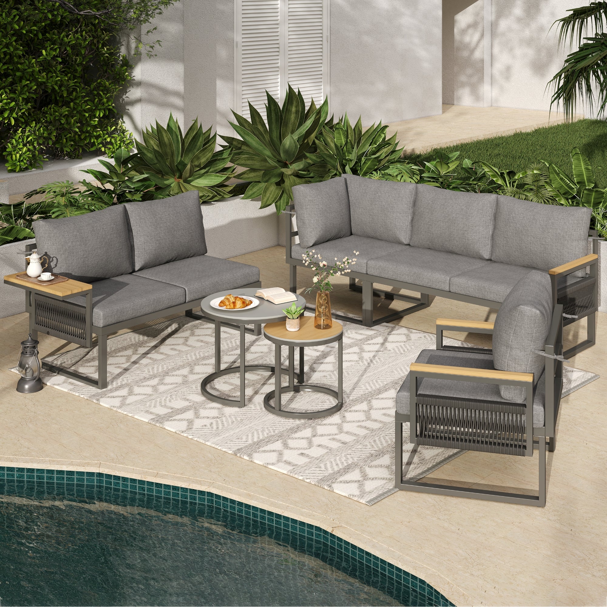 5-6 Seater Garden Furniture Set, Rope Woven Outdoor Corner Sofa with Matching Armchair, 2 Nesting Tempered Glass Coffee Tables and Adjustable Handrail Trays, Patio Lounge Set, Linen, Grey