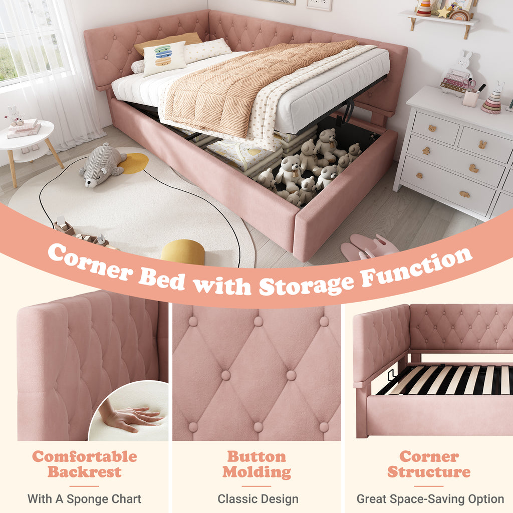 Daybed Upholstered Bed with Storage, 3FT Single Sofa Bed 90 x 190 cm, Ottoman Bed with Hydraulic Storage, Metal Slatted Bed Frame, Velvet, Pink (No Mattress)