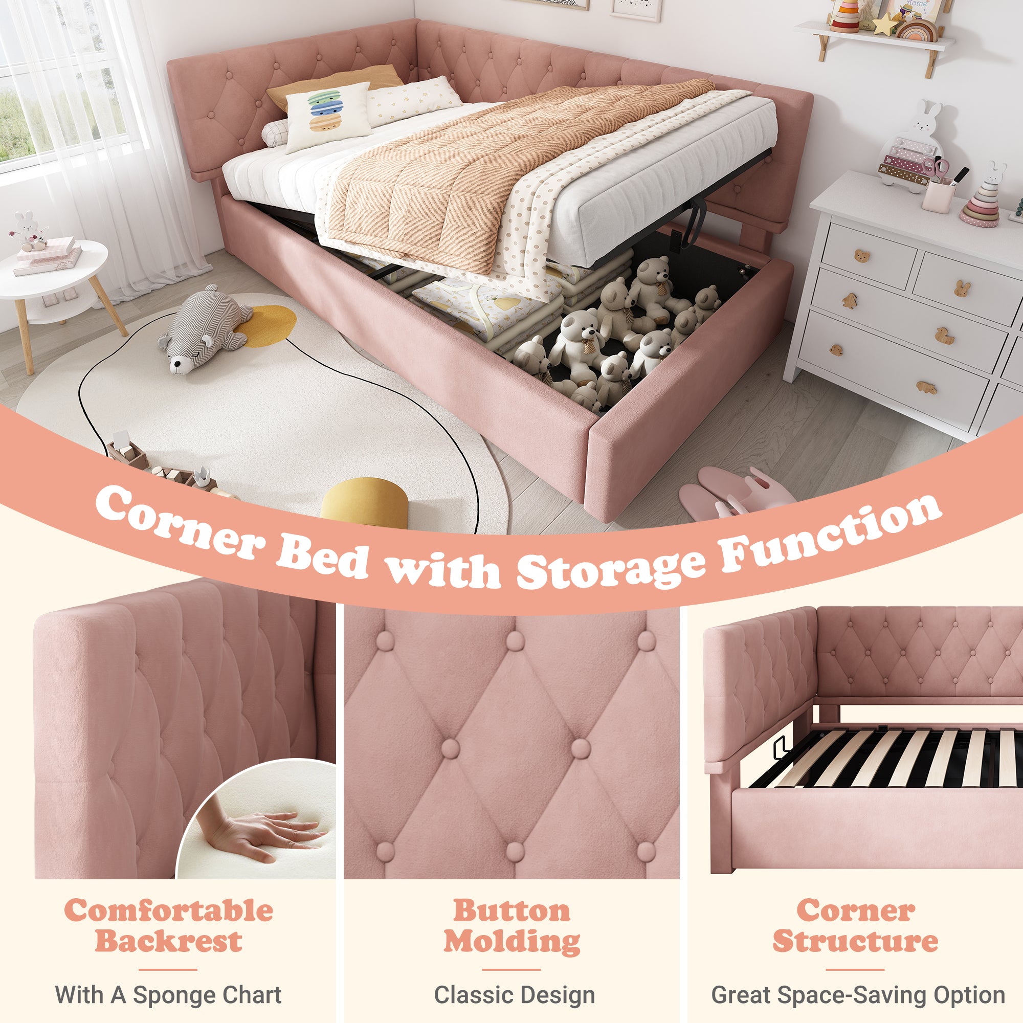 Daybed Upholstered Bed with Storage, 3FT Single Sofa Bed 90 x 190 cm, Ottoman Bed with Hydraulic Storage, Metal Slatted Bed Frame, Velvet, Pink (No Mattress)