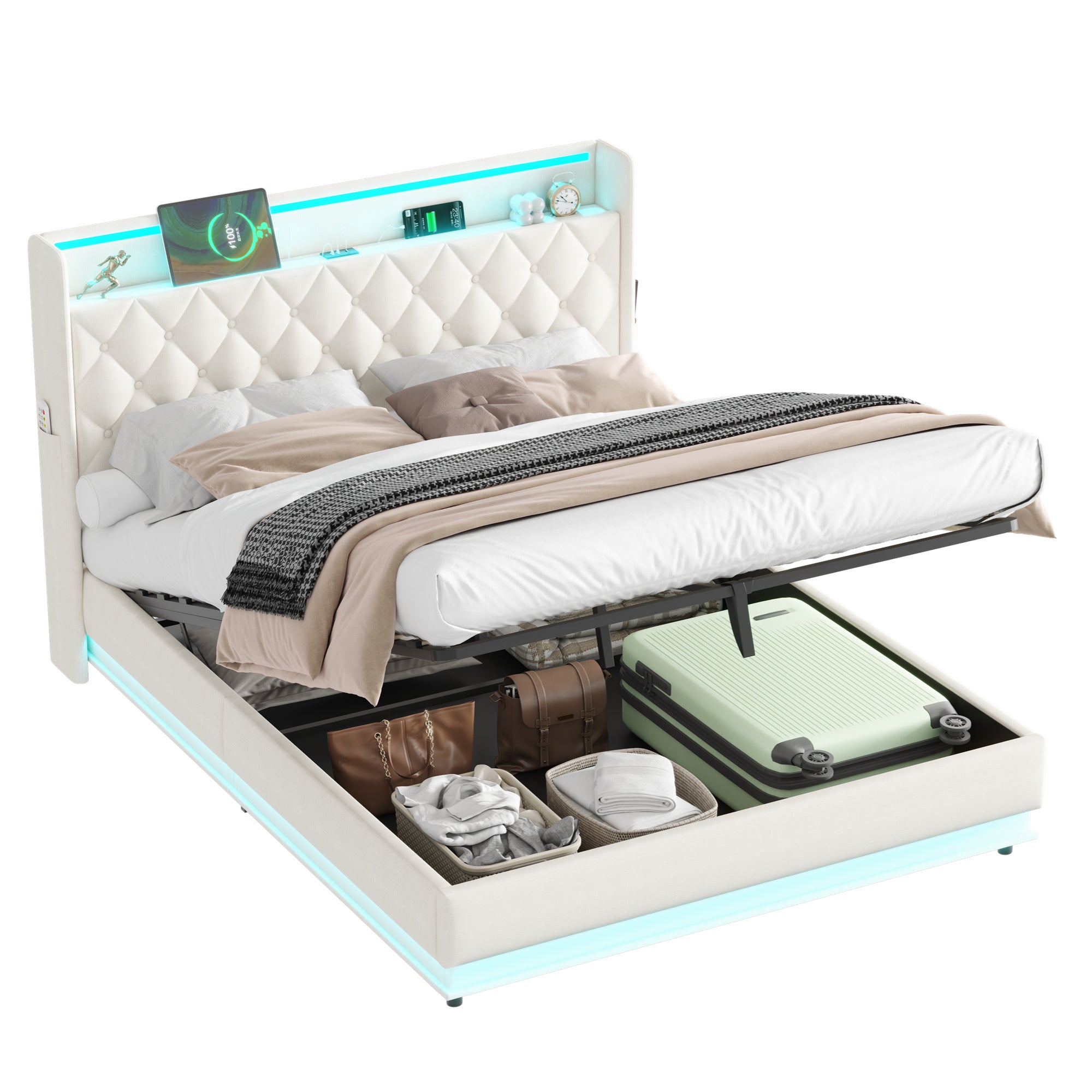 5ft King Upholstered Bed Frame with Hydraulic Storage, Linen Ottoman Bed with LED Lighting and Charging Station, LED Button Tufted Headboard with USB and Type - C Ports, No Box Spring Needed, Beige
