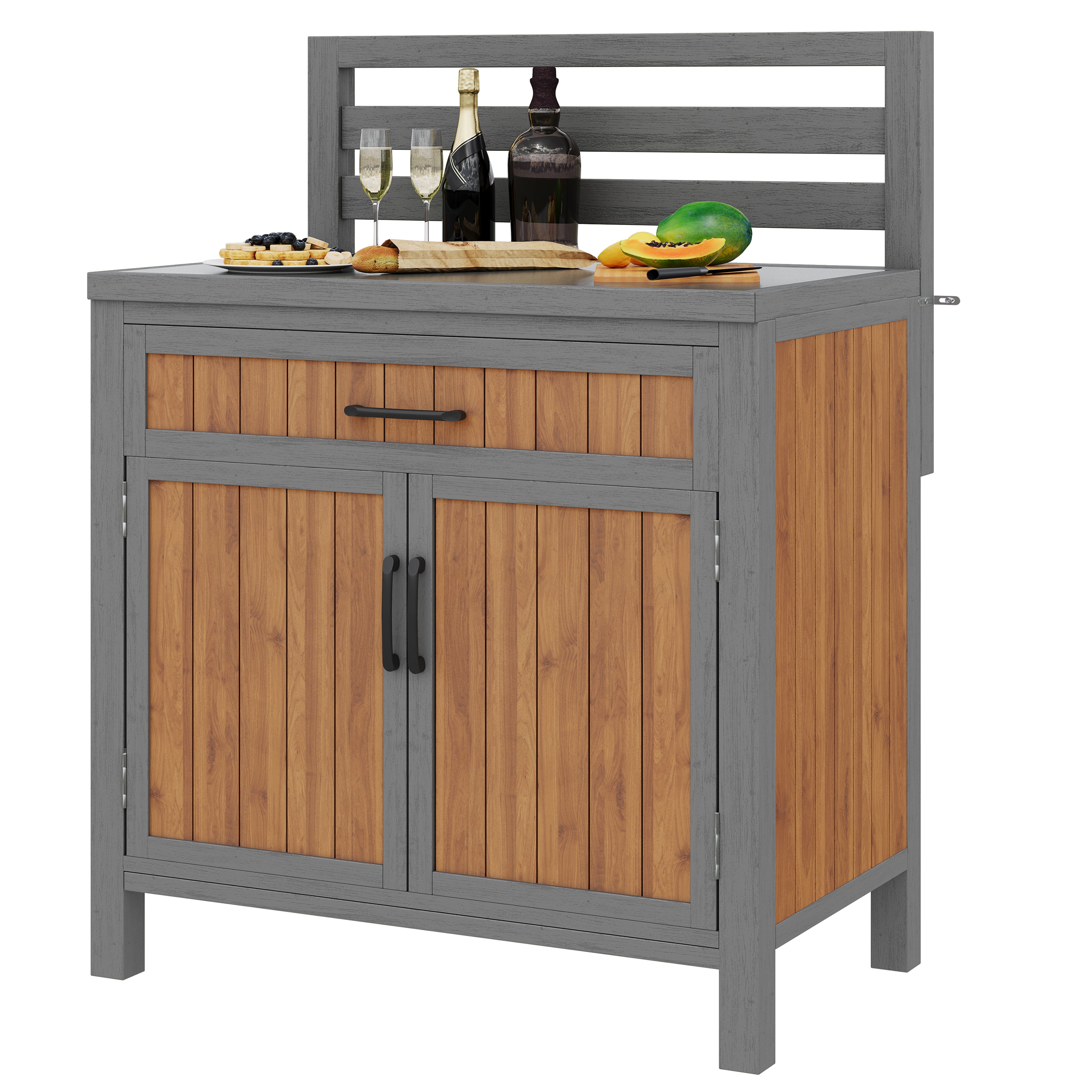 Wooden garden cabinet, weatherproof outdoor storage cabinet, outdoor cupboard with large work surface & drawer, grill station with adjustable shelves, weatherproof kitchen cabinet for patio, balcony