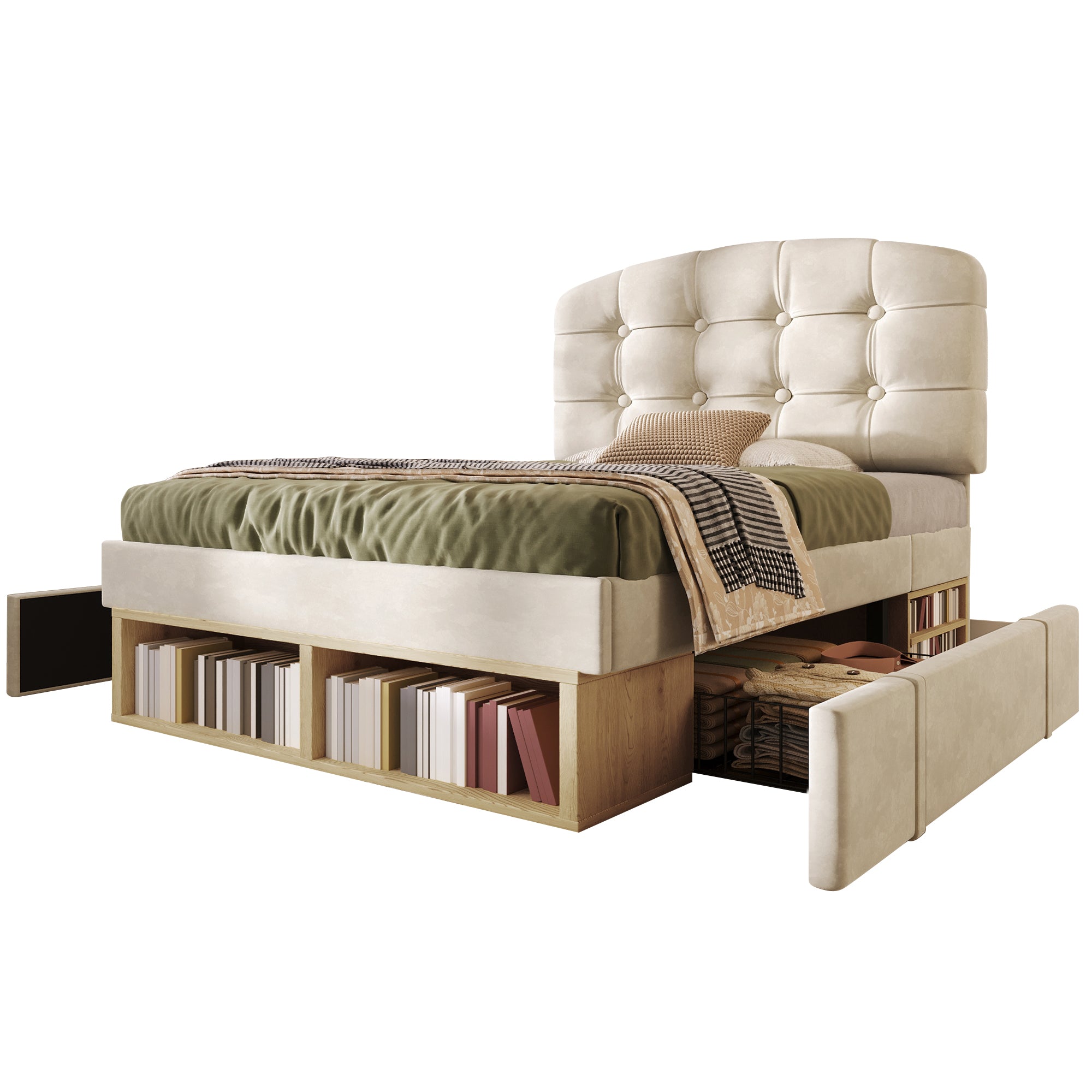 Upholstered Single Bed with Storage Compartments and Drawers, 3ft Single Bed with Adjustable Headboard, 90 x 190 cm, Velvet, Beige (No Mattress)